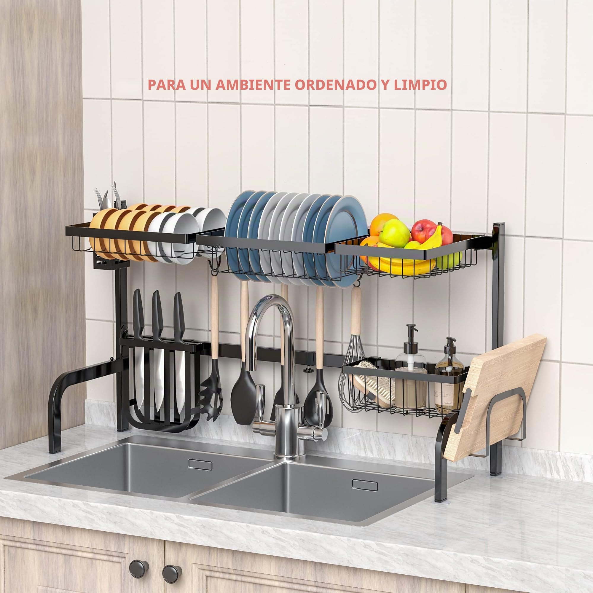 KOMFOTTEU Escurreplatos de Apoyo sobre el Fregadero, Escurridor Multifunción con 2 Niveles, Organizador de Cocina con Longitud Ajustable, Ahorro de Espacio