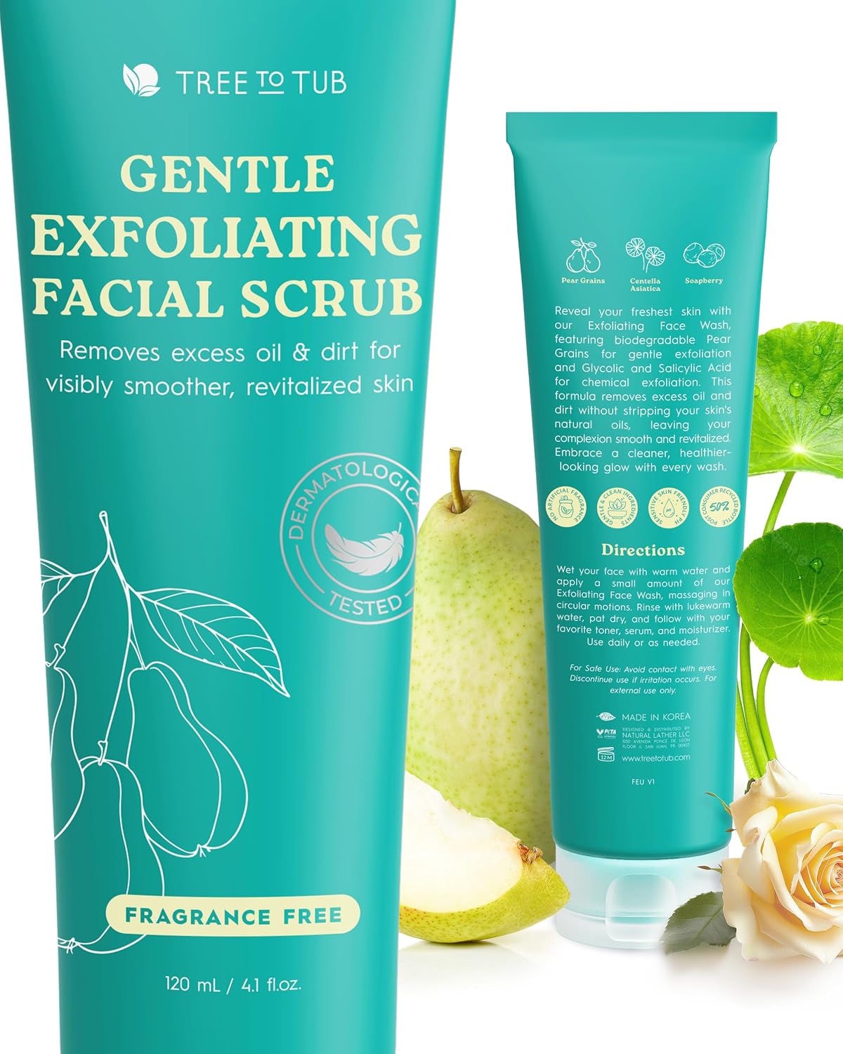 Tree To Tub Exfoliating Face Wash - Gentle Facial Exfoliator & Face Scrub w/Salicylic Acid for Glowing Skin - Non-Irritating Face Exfoliant to Remove Buildup & Refine Texture - For All Skin Types