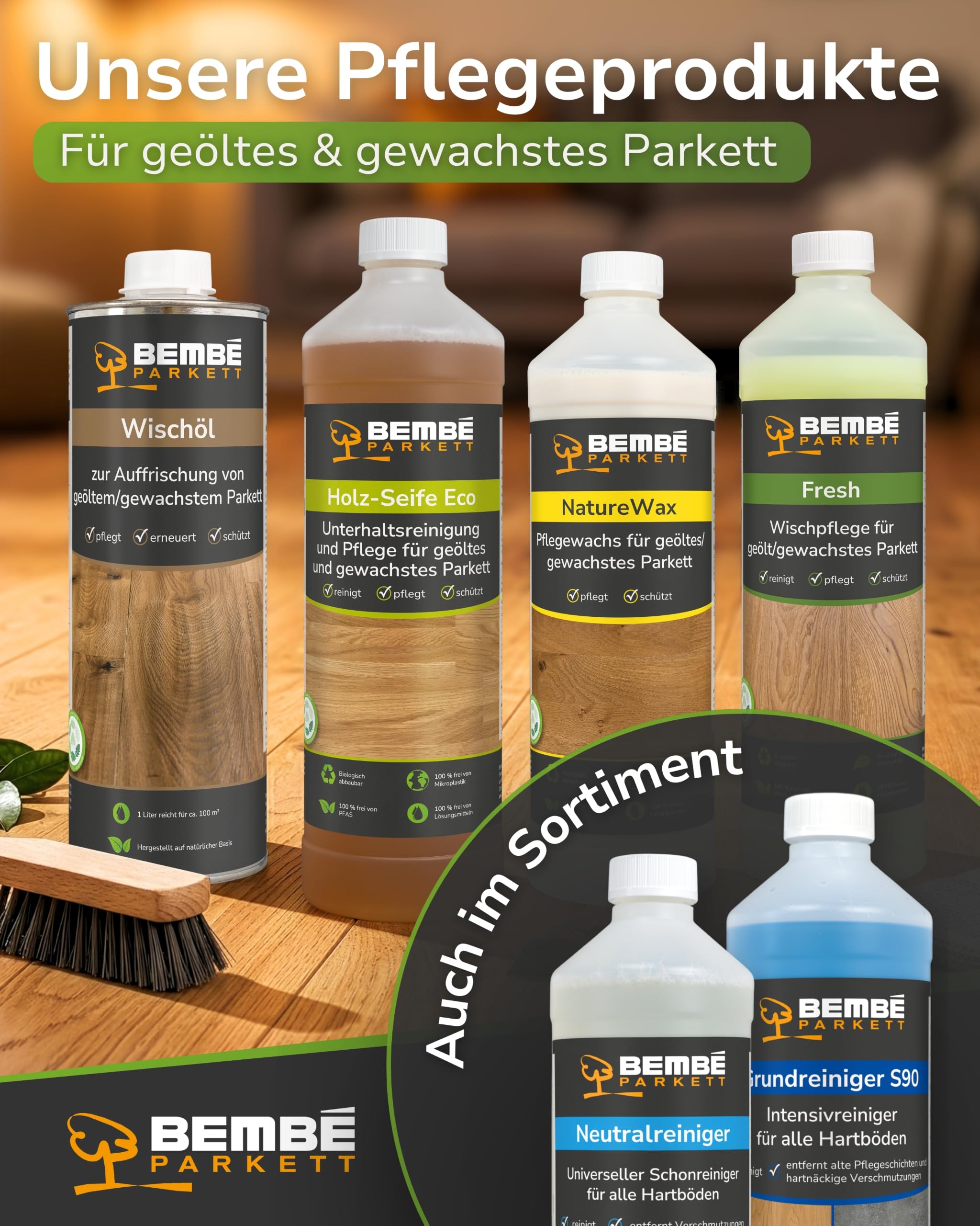 Bembé Erstpflege-Set für geöltes Parkett I Pflegewischer + 1 L Fresh + 1 L Neutralreiniger I Parkettpflege für geöltes & gewachstes Parkett I Reinigt, schützt & pflegt I Seidenmatt & rutschhemmend