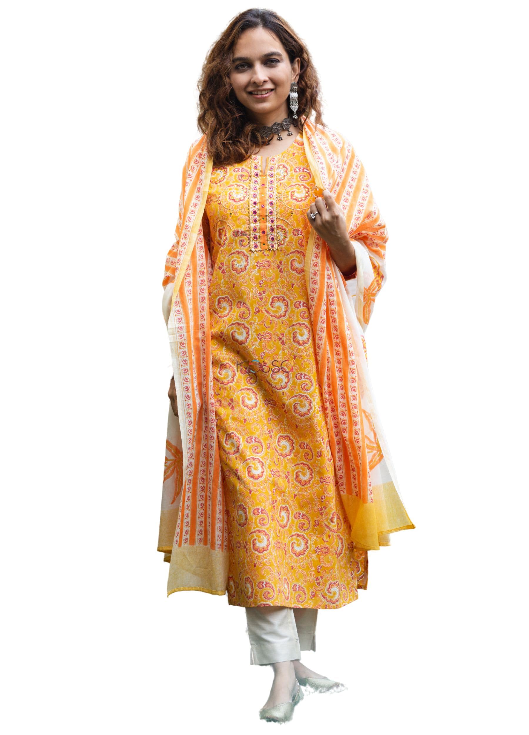azheez Women's Flower Printed Cotton Round Neck 3/4 Sleeves Kurti with Pant & Malmal Dupatta 3 Piece Set-picture-47
