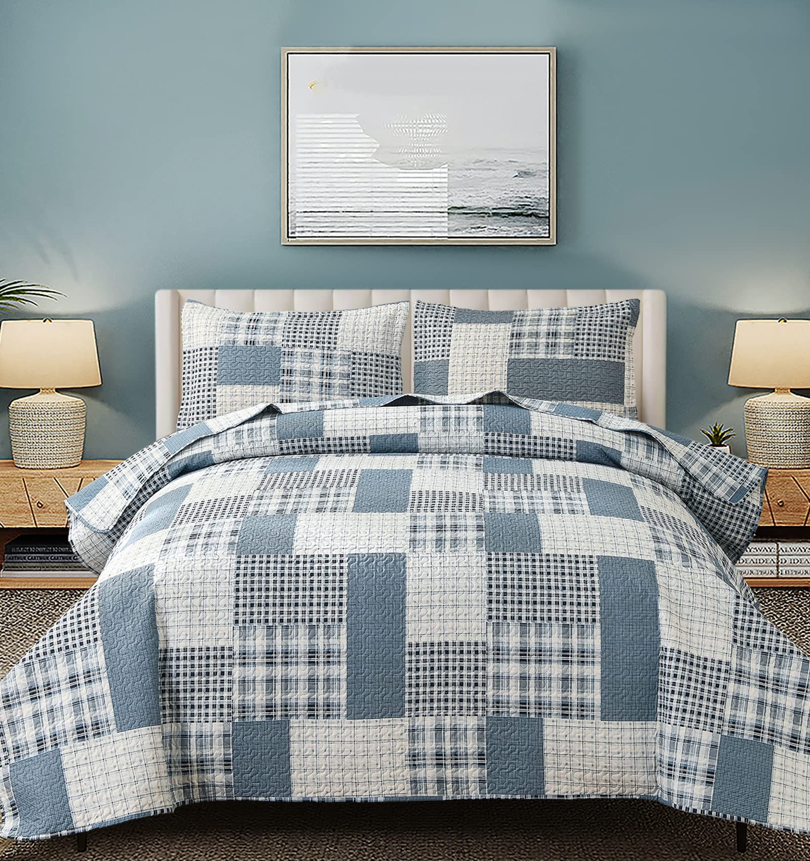 Buy Tigona Grey Blue Quilt Set Queen Size Plaid Patchwork Bedspread Set