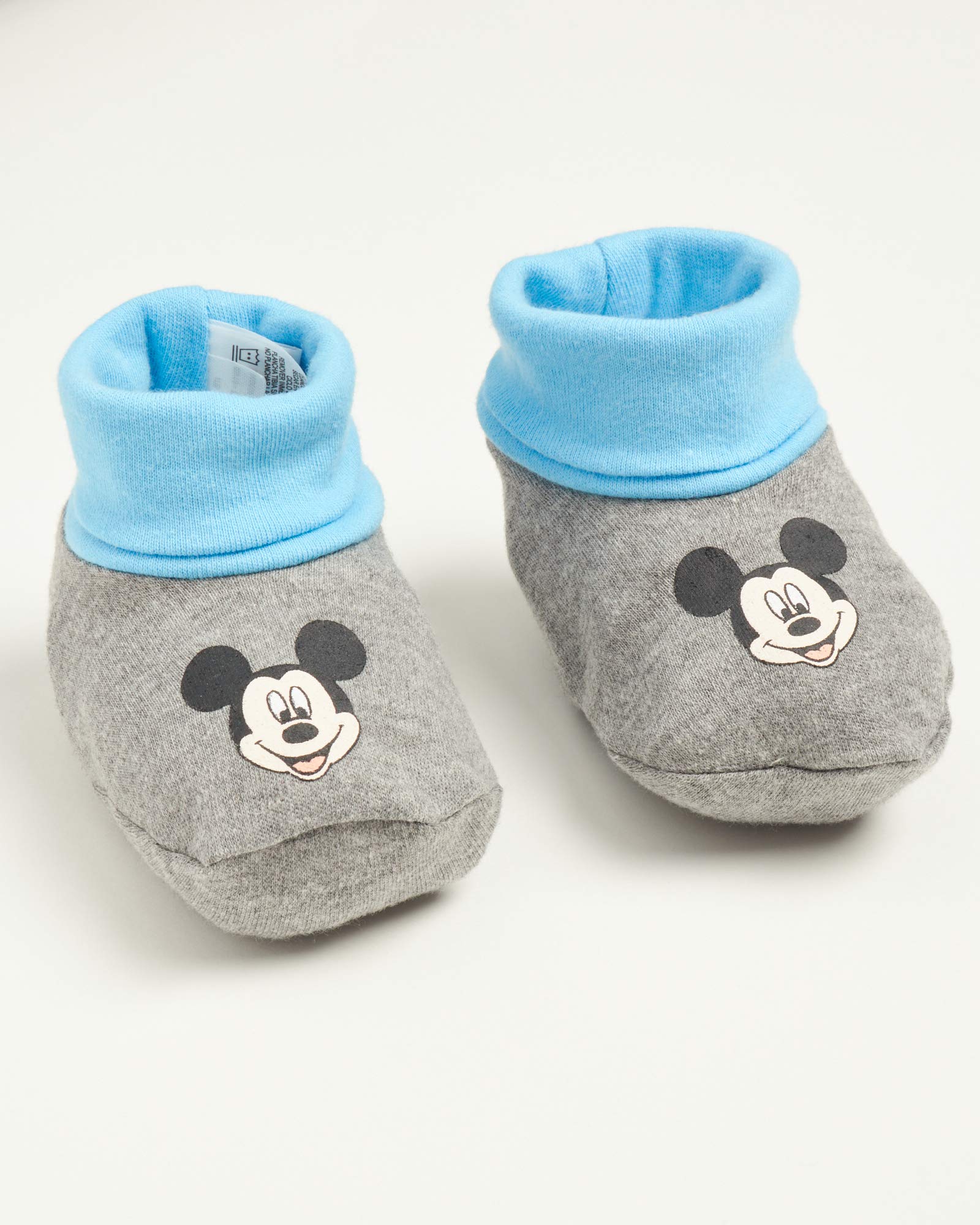 Disney Baby Boy's Mickey Mouse Bodysuit Set - 4 Piece Onesie Romper, Sweatpants, Cap, and Booties Set, Mickey Mouse Light Blue, Size 3-6 Months