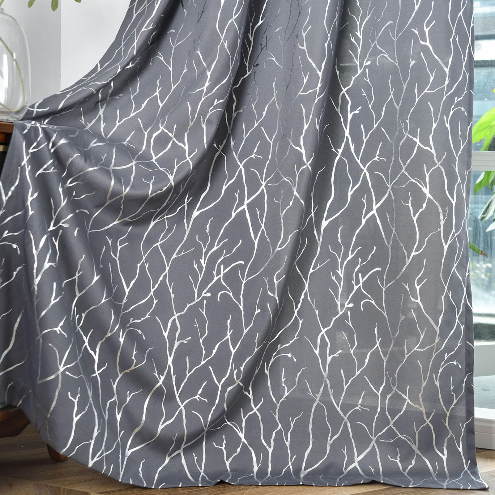 Kotile Silver Grey Curtains 63 Inch Length for Bedroom Metallic Silver Foil Tree Branch Curtain Panels - Image 4