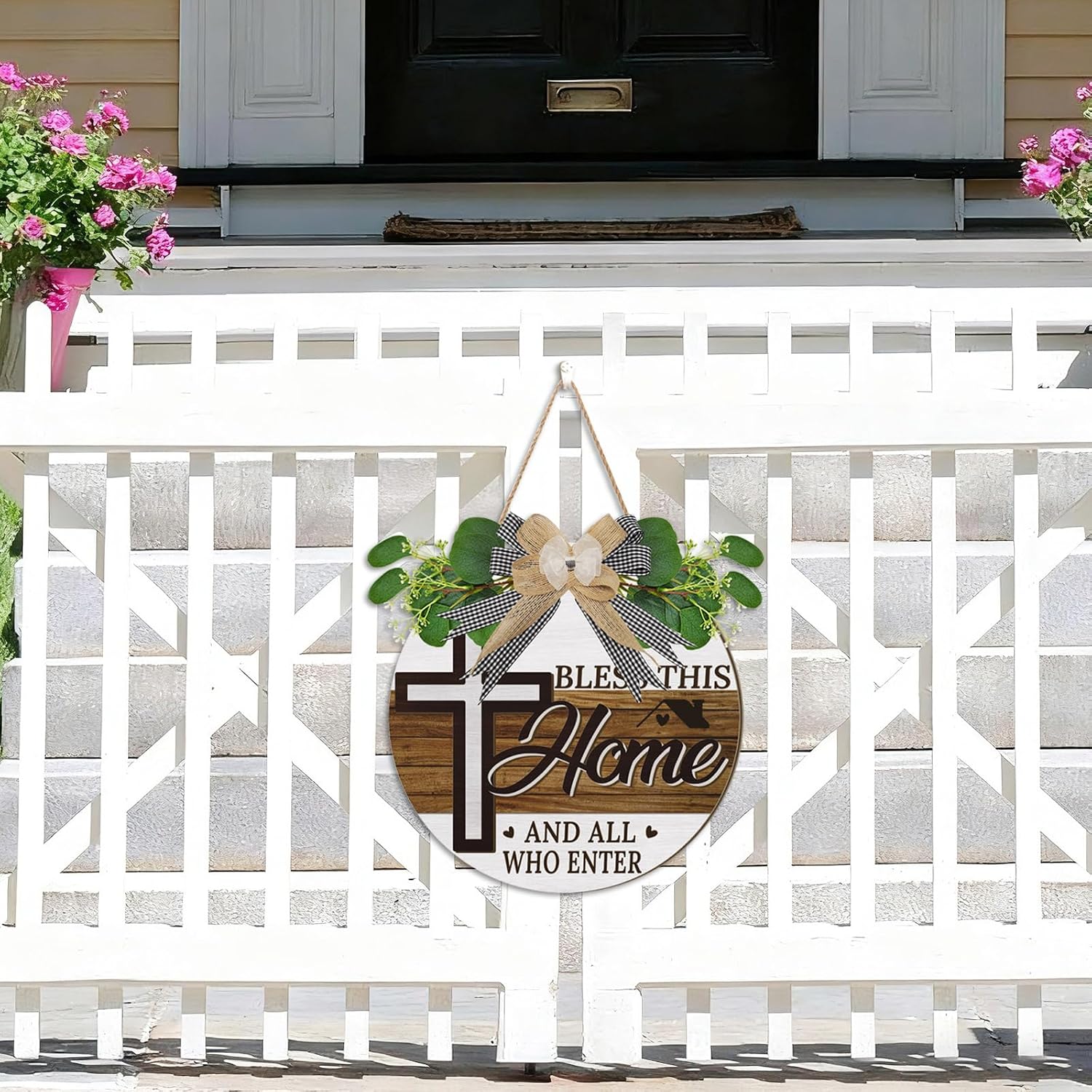 3D Bless This Home Front Door Sign,Vintage Welcome Door Wreath,Boho Welcome Sign Cross with Bow,Rustic Religious Christian Cross Wall Decor for Front Porch Outdoor Yard Living Room Indoor