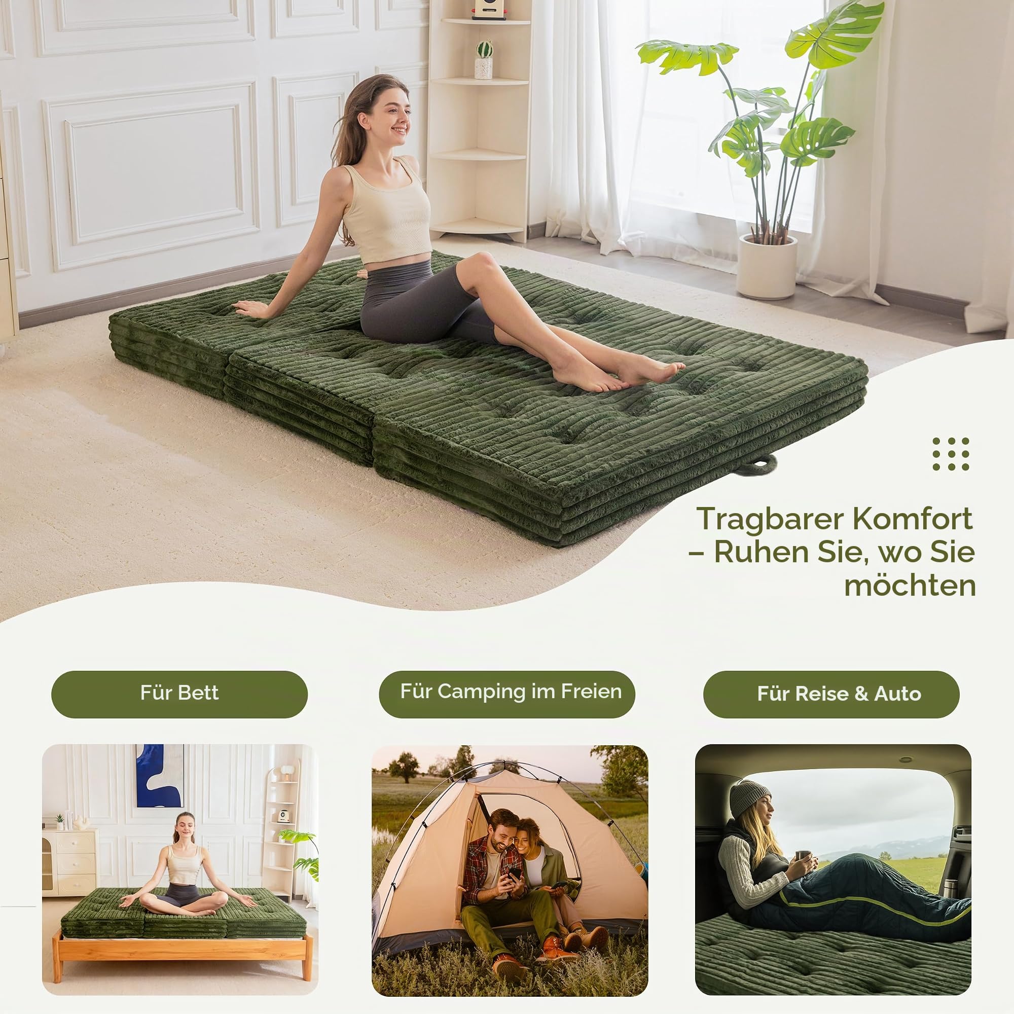 MAXYOYO Klappmatratze Doppelbett, 15cm Gepolsterte Faltbare Matratze mit Hochwertigem Kunstfell, 3-Teilige Gästematratze für Gästebett, Bodenmatratze Klappbar für Wohnzimmer