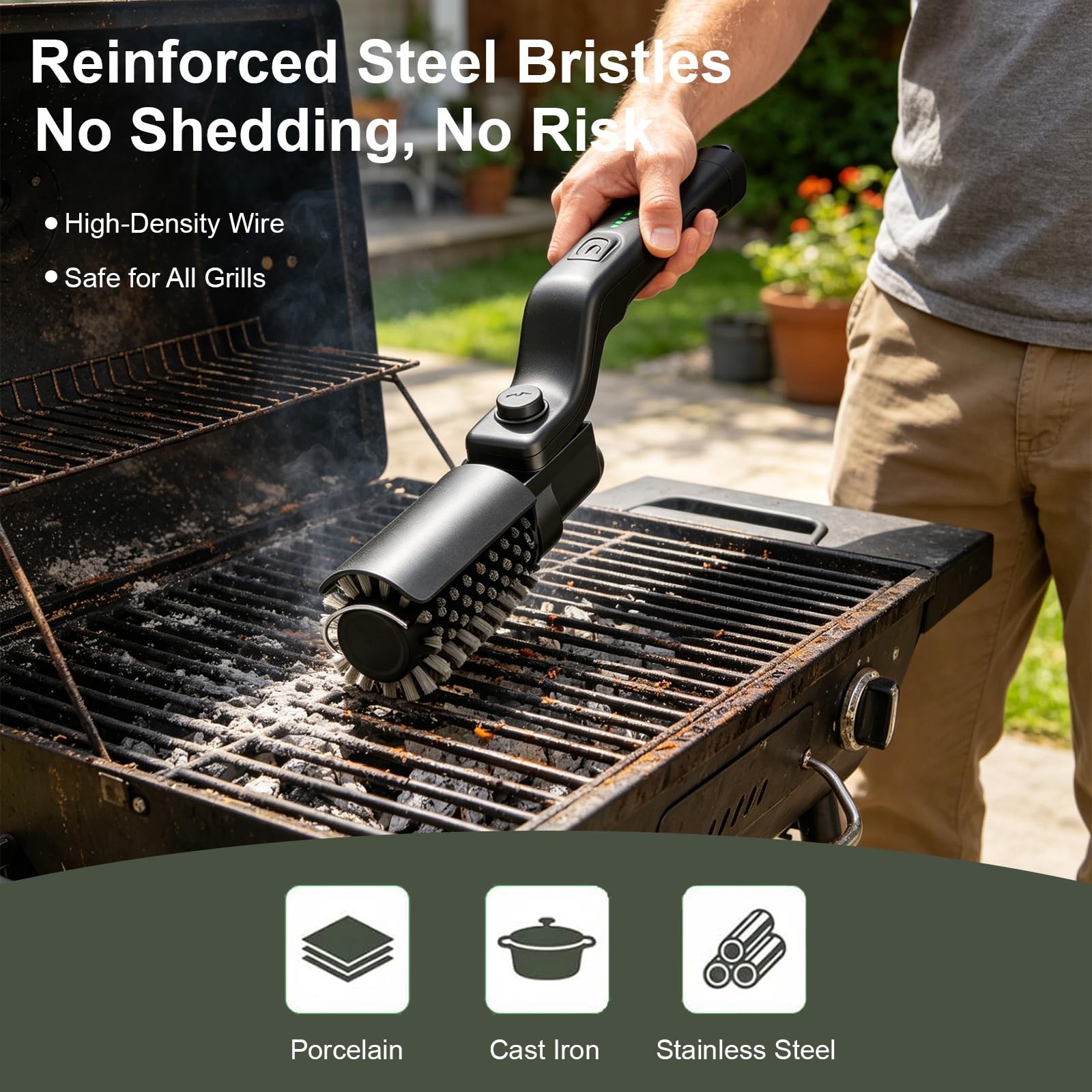 Cepillo Eléctrico para Barbacoa Inalámbrico, Limpiador de Parrilla con Cabezal de Acero Inoxidable 180° Ajustable, 3 Velocidades, Impermeable IPX7 para Barbacoas de Carbón, Gas y Eléctricas