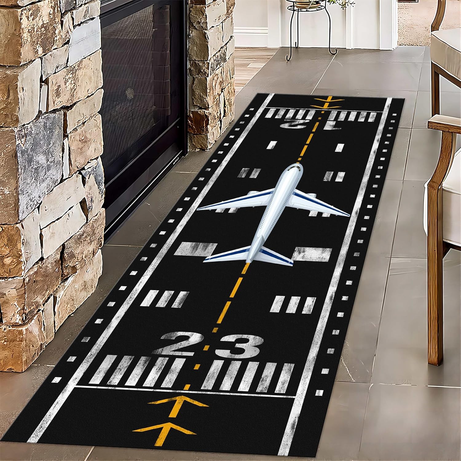 Kuluoits Airplane Runner Rug for Hallway, 120x300cm 3D Print Black and Gray Airport Kids Game Room Long Hallway Carpet, Pet and Child Friendly Rugs for Living Room Bedroom Entrance Laundry