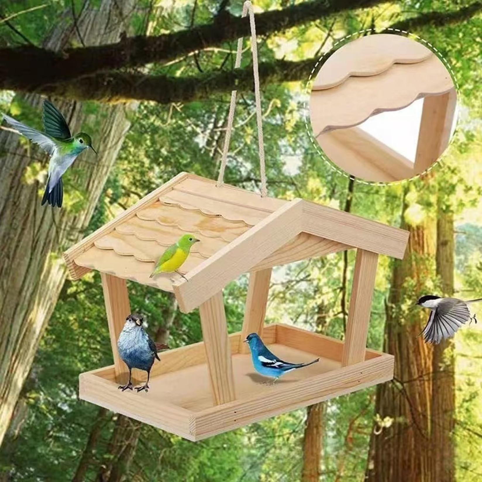 Mangiatoia per uccelli sospesa Casetta per uccelli da esterno in legno di pino naturale con creativo raccoglitore di semi sul tetto per selvatici