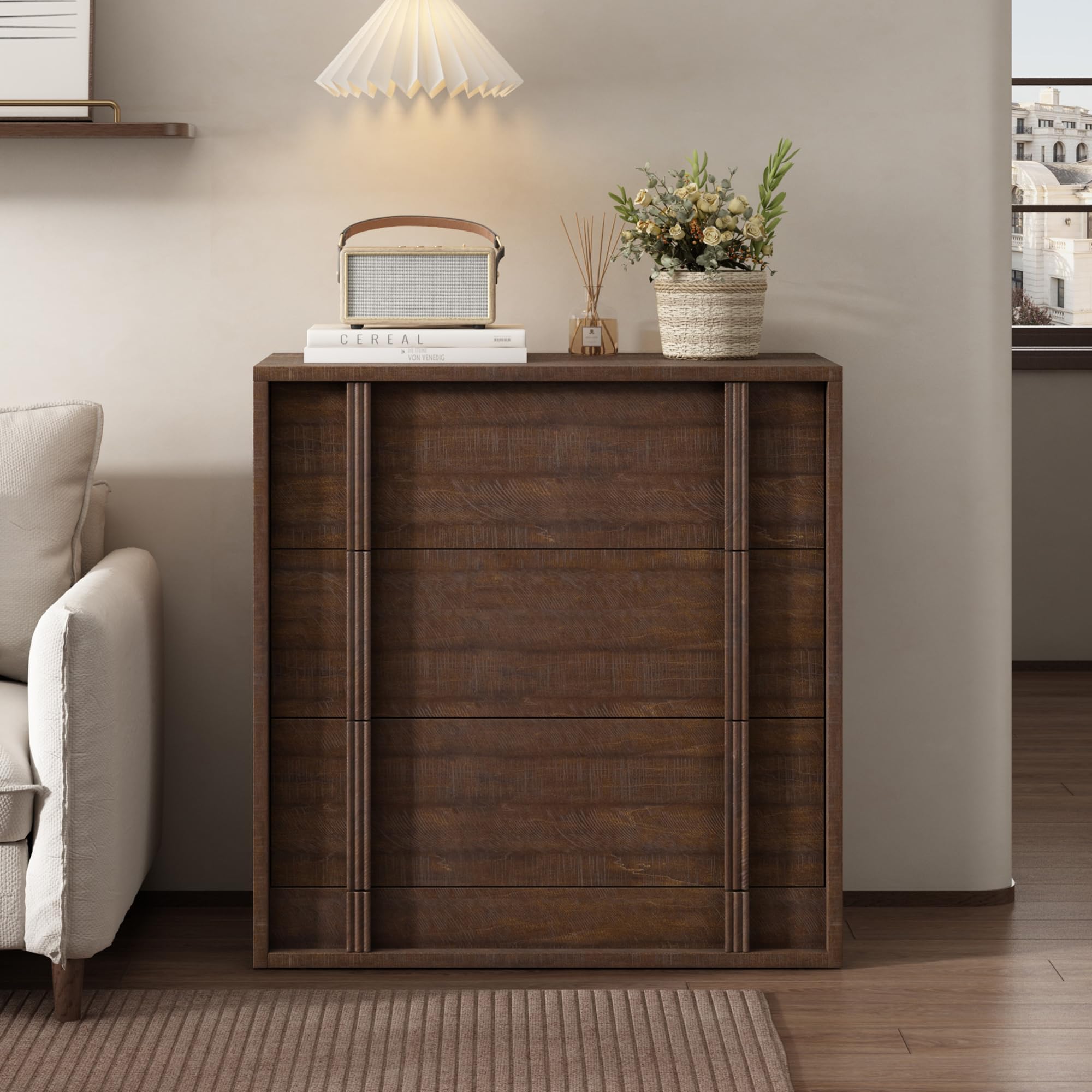 Mesita de noche moderna Garvee de madera marrón con 3 cajones para el dormitorio