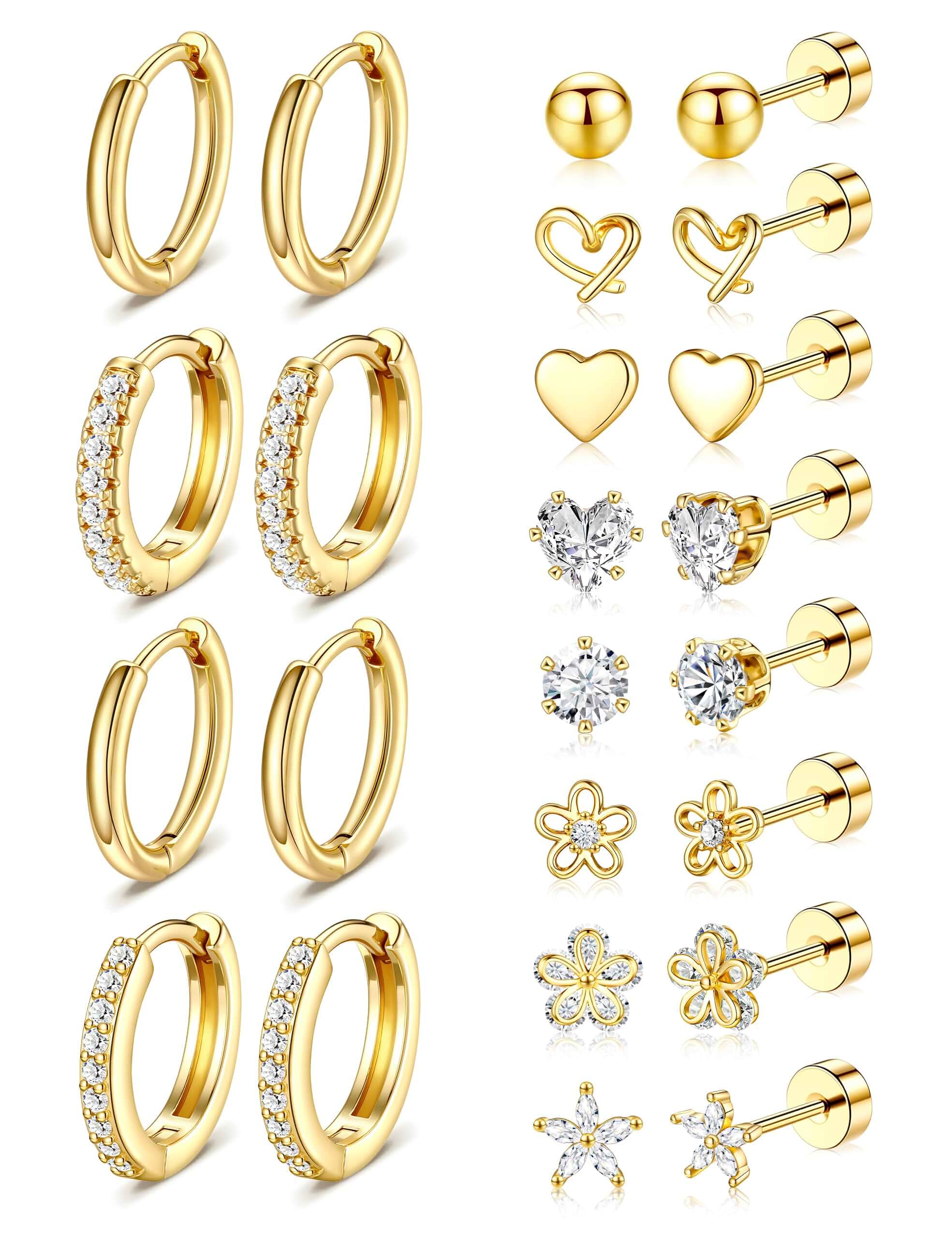 Hypoallergenic Gold Stud Earrings for Women - 14k Gold Plated Surgical Stainless Steel Flat back Earrings Set Small Huggie Hoop Flatback Earring for Sensitive Ears Screw Back Cartilage Piercing Jewelry
