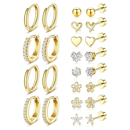 Hypoallergenic Gold Stud Earrings for Women - 14k Gold Plated Surgical Stainless Steel Flat back Earrings Set Small Huggie Hoop Flatback Earring for Sensitive Ears Screw Back Cartilage Piercing Jewelry