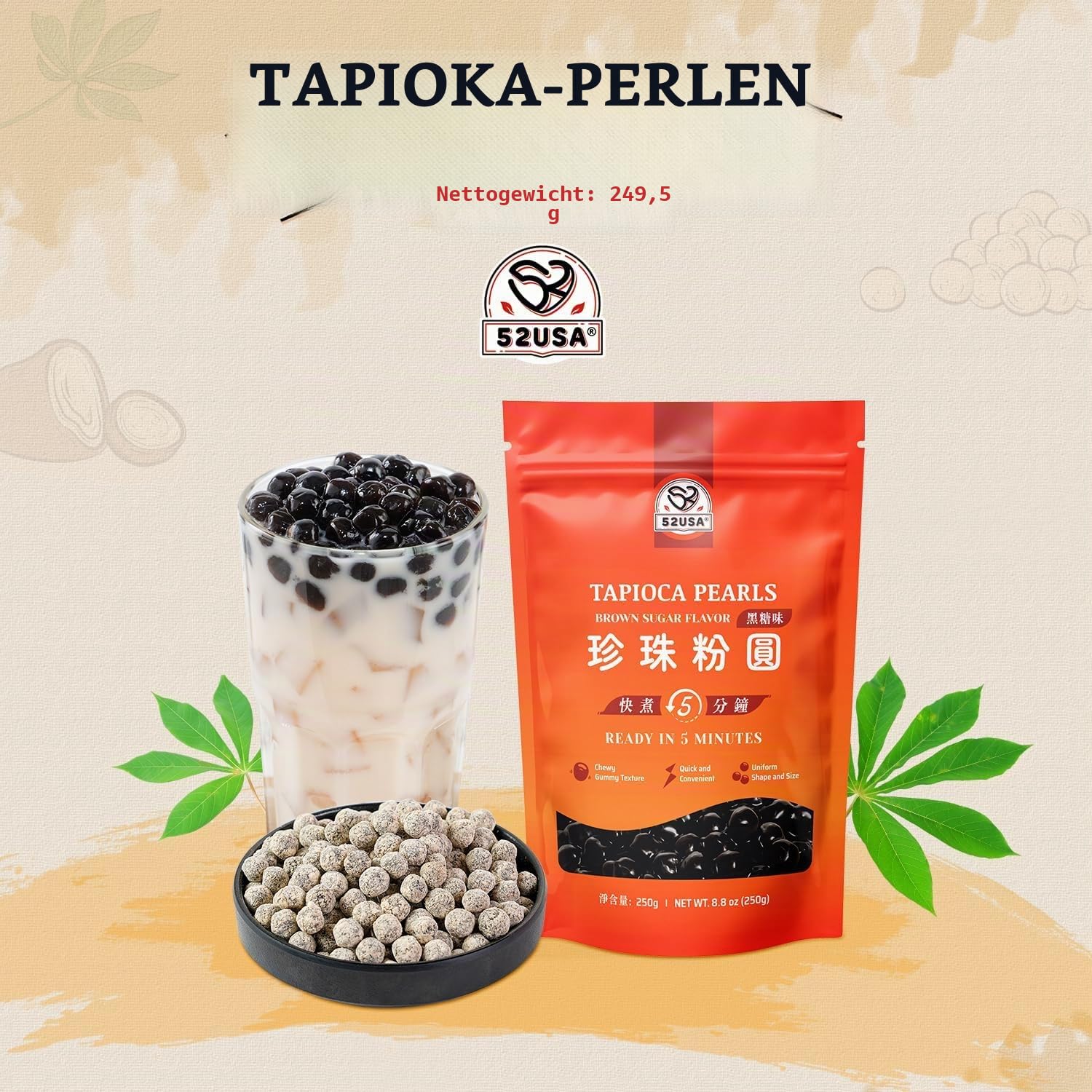 52USA Boba Tapioka Perle, schwarzer Zuckergeschmack, frische Bubble Tea Perle, 250 g, schwarze Tapioka-Perle für Bubble Tea, fertig in 5 Minuten (1 Stück)