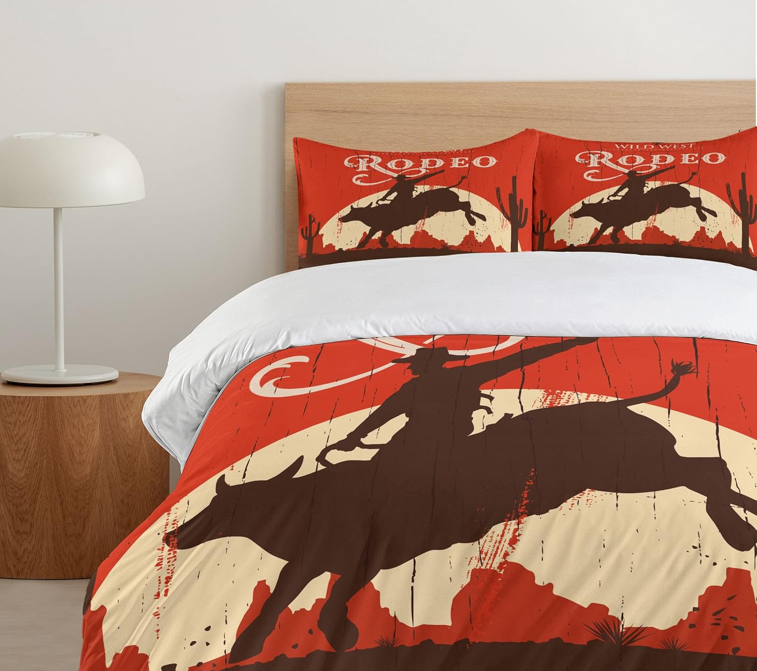 Ambesonne Vintage Duvet Cover Set, Rodeo Cowboy Riding Bull Wooden Old Sign Western Style Wilderness at Sunset Image, Decorative 3 Piece Bedding Set with 2 Pillow Shams, Queen Size, Orange Brown