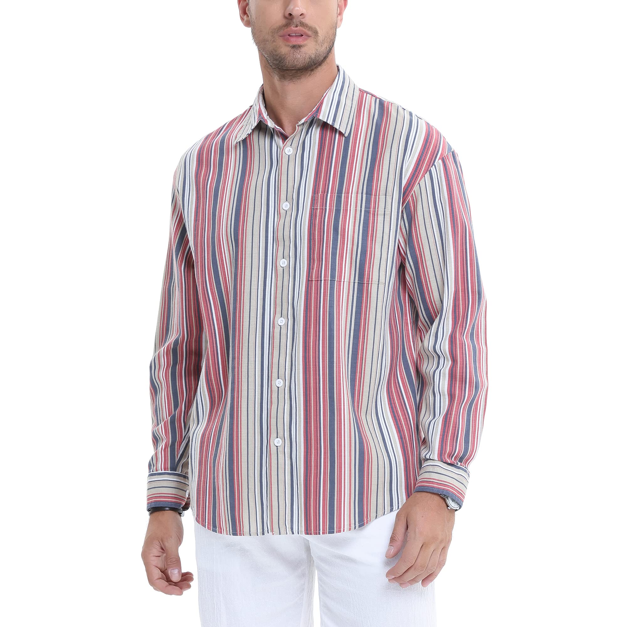 MCEDARLong Sleeve Linen-Blend Shirt for Men Summer Button Down Spread Collar Beach Shirts Big and Tall