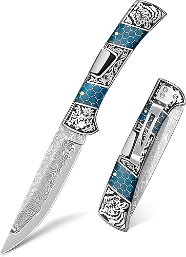 NedFoss SMILODON - Cuchillo de bolsillo de Damasco para hombre, cuchillo plegable con bloqueo trasero de 4 pulgadas, resina luminosa y mango de