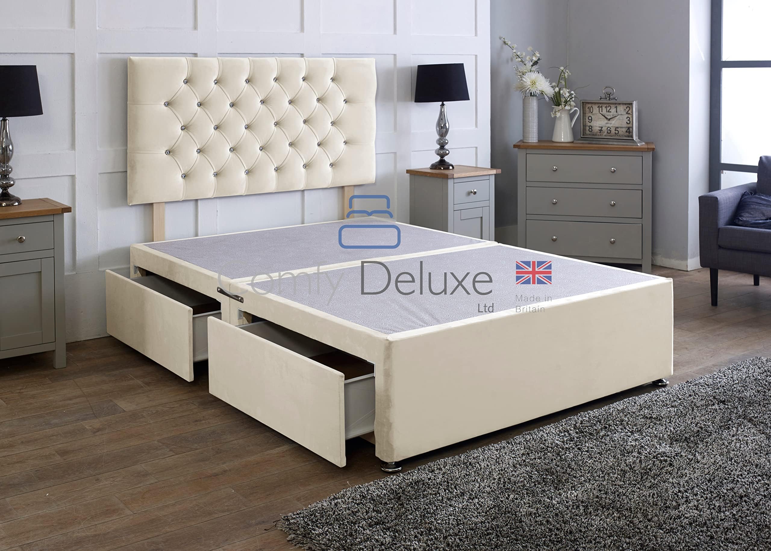– Comfy Deluxe LTD 4FT Small Double Bed base with 26-Inch Chesterfield Headboard - Cream Plush Velvet Divan Bed Frame with No Mattress Included, Chrome Glider Feet & No Storage - UK Made