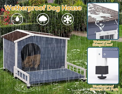 Miniatura 4 de Petsfit Casa grande para perros con terraza y techo de asfalto que se puede abrir, 45 pulgadas de largo x 54 pulgadas de ancho x 33 pulgadas de