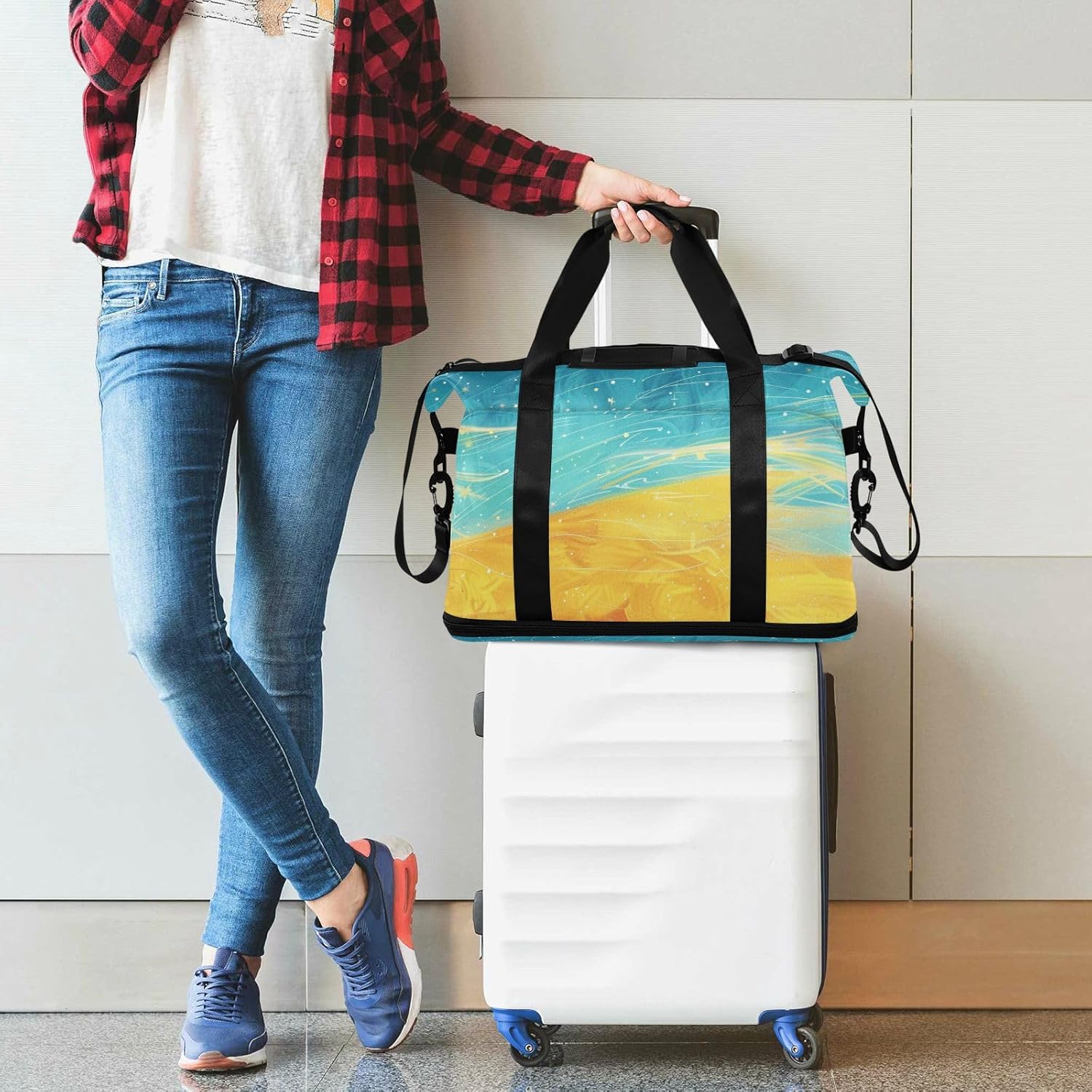 Character with Wheat Field Gym Tote Bag Large Carry On Bag with Adjustable Strap for Trekking Foldable