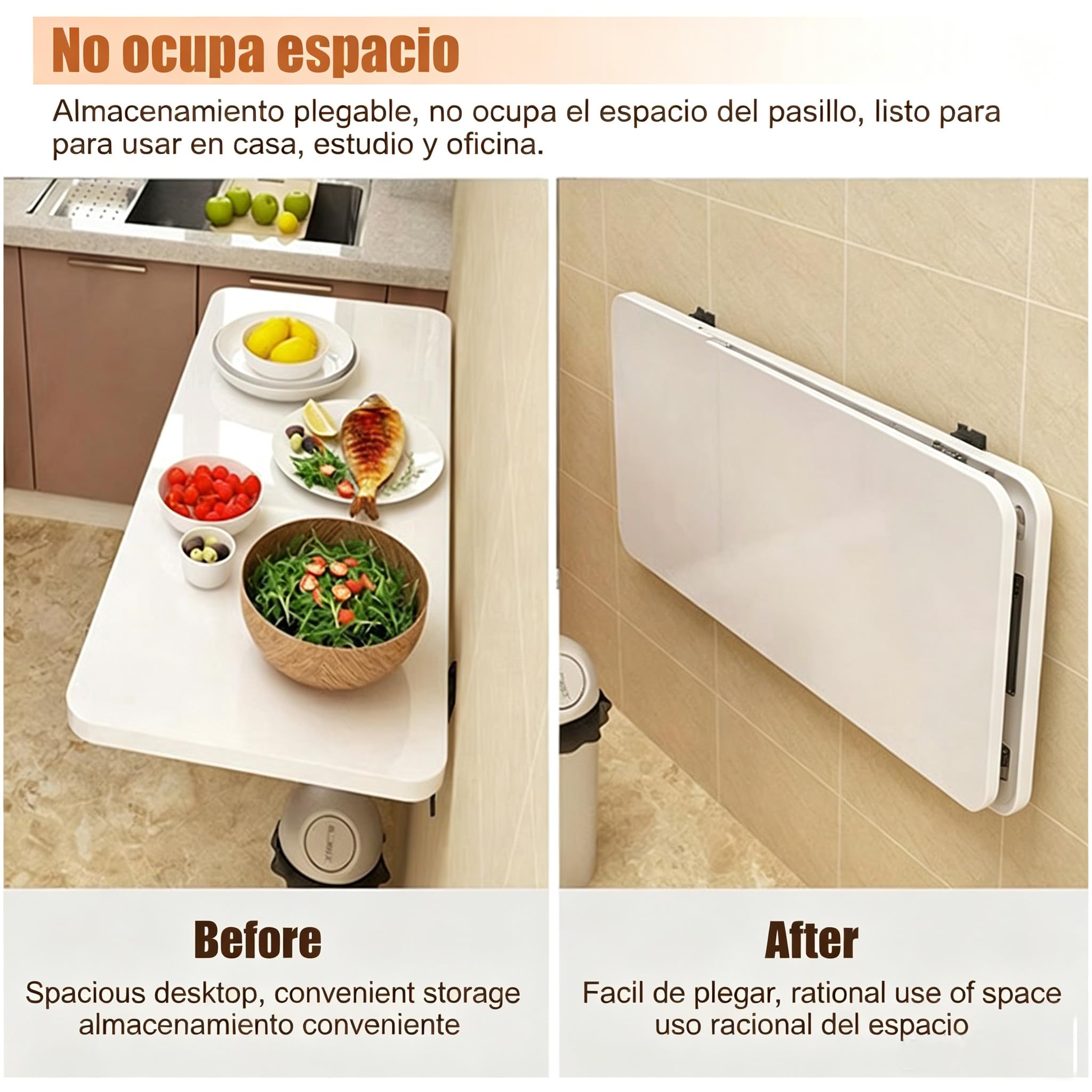 Mesa Plegable de Pared 80 x 40 cm, Mesa Abatible Multifuncional para Cocina, Comedor y Estudio, Escritorio Flotante Ahorrador de Espacio, Blanco