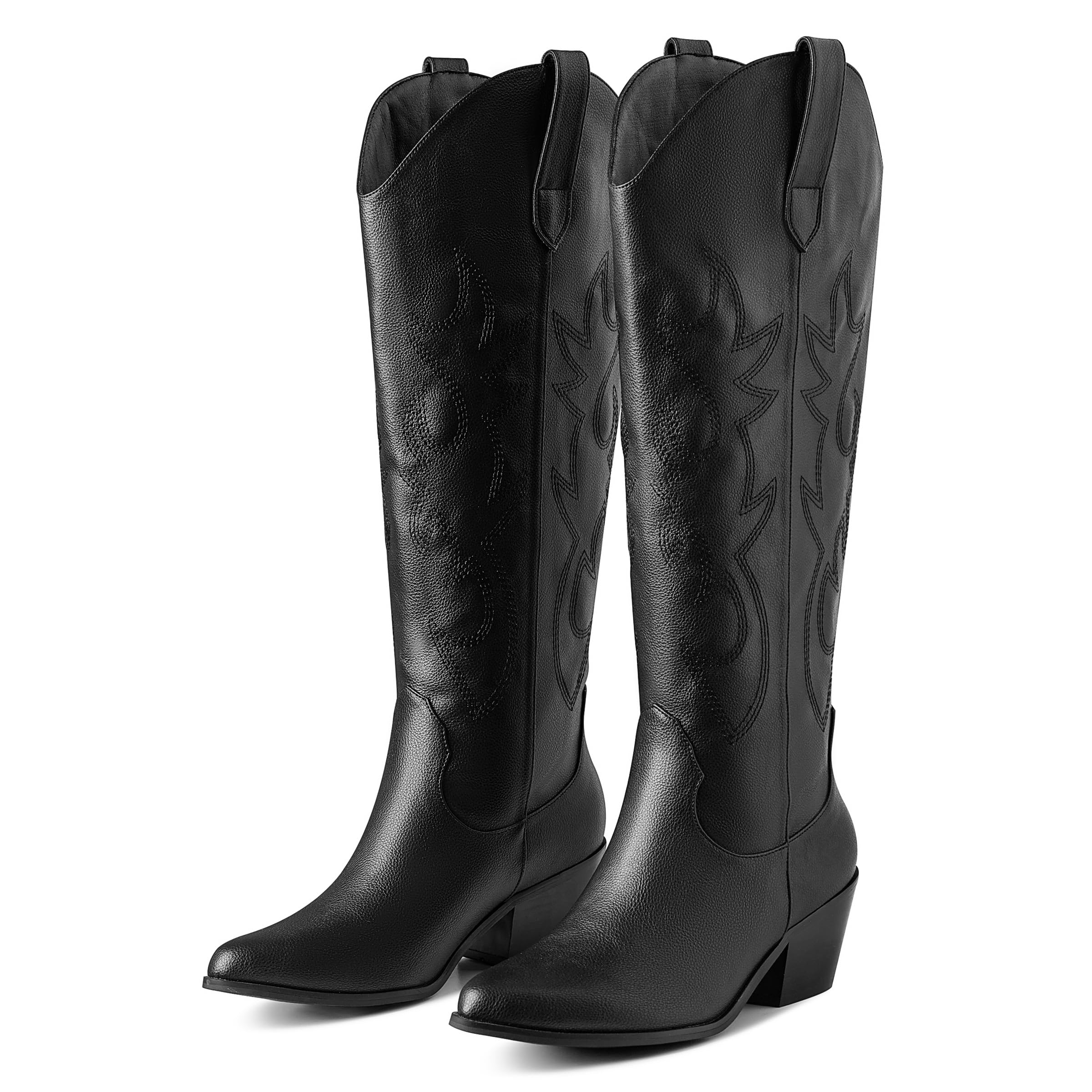 Erocalli White Cowgirl Boot Cowboy Boots for Women Embroidered Pull-On Chunky Stacked Heel Knee High Western Boots