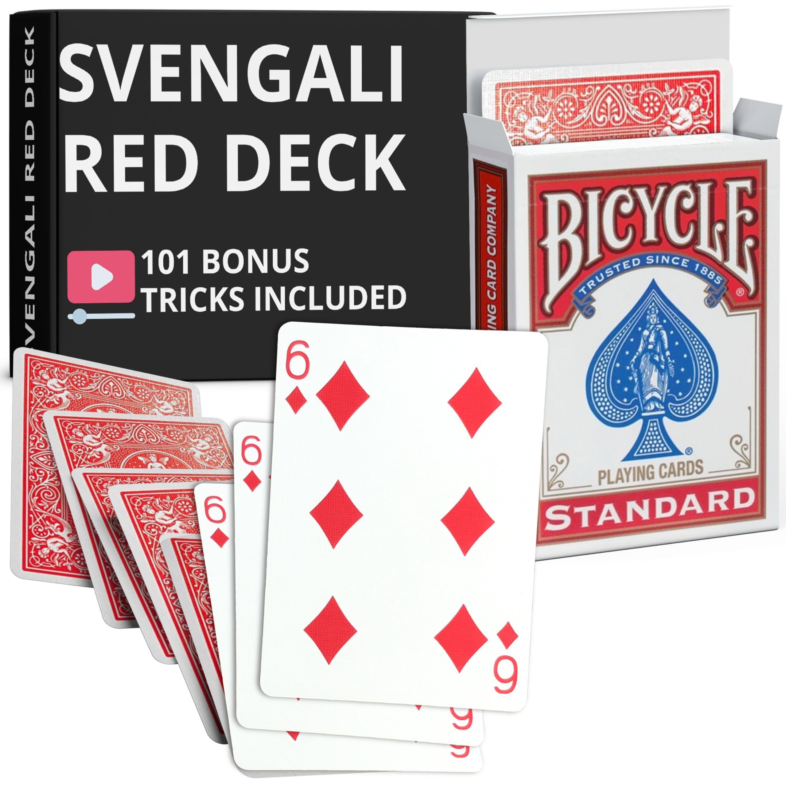 Ted's Sterling Magic Precision Red Rider Back Bicycle Svengali Deck with Instructions for 100+ Tricks (6 of Diamonds)