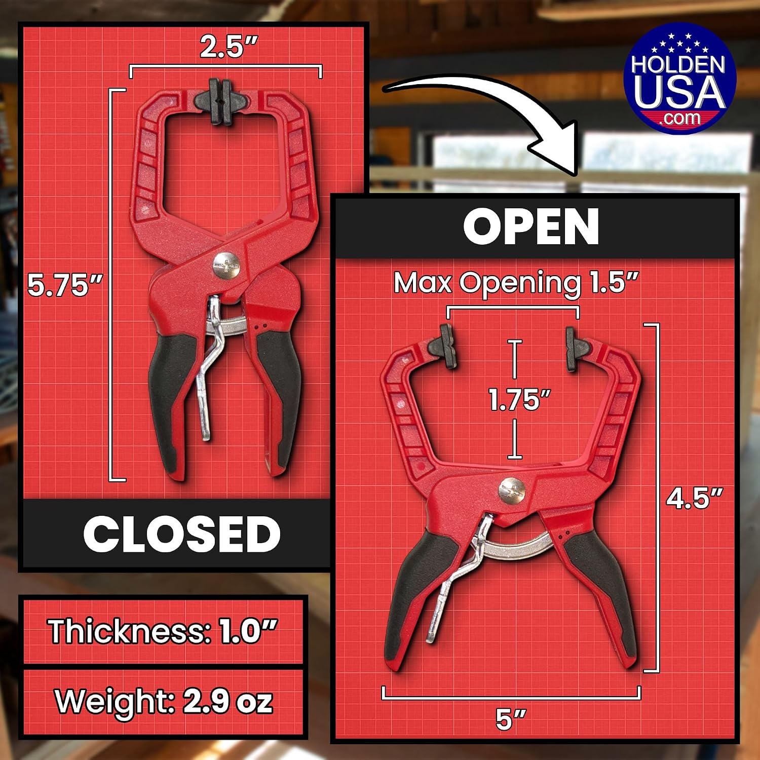 Holden USA Quick Release Clamp 2.5-Inch Ratcheting Hand Clamp with Adjustable Clamping Pressure, Soft Jaw Pads for Woodworking, DIY and Crafts (2, Red 1.5 Inch) image 3