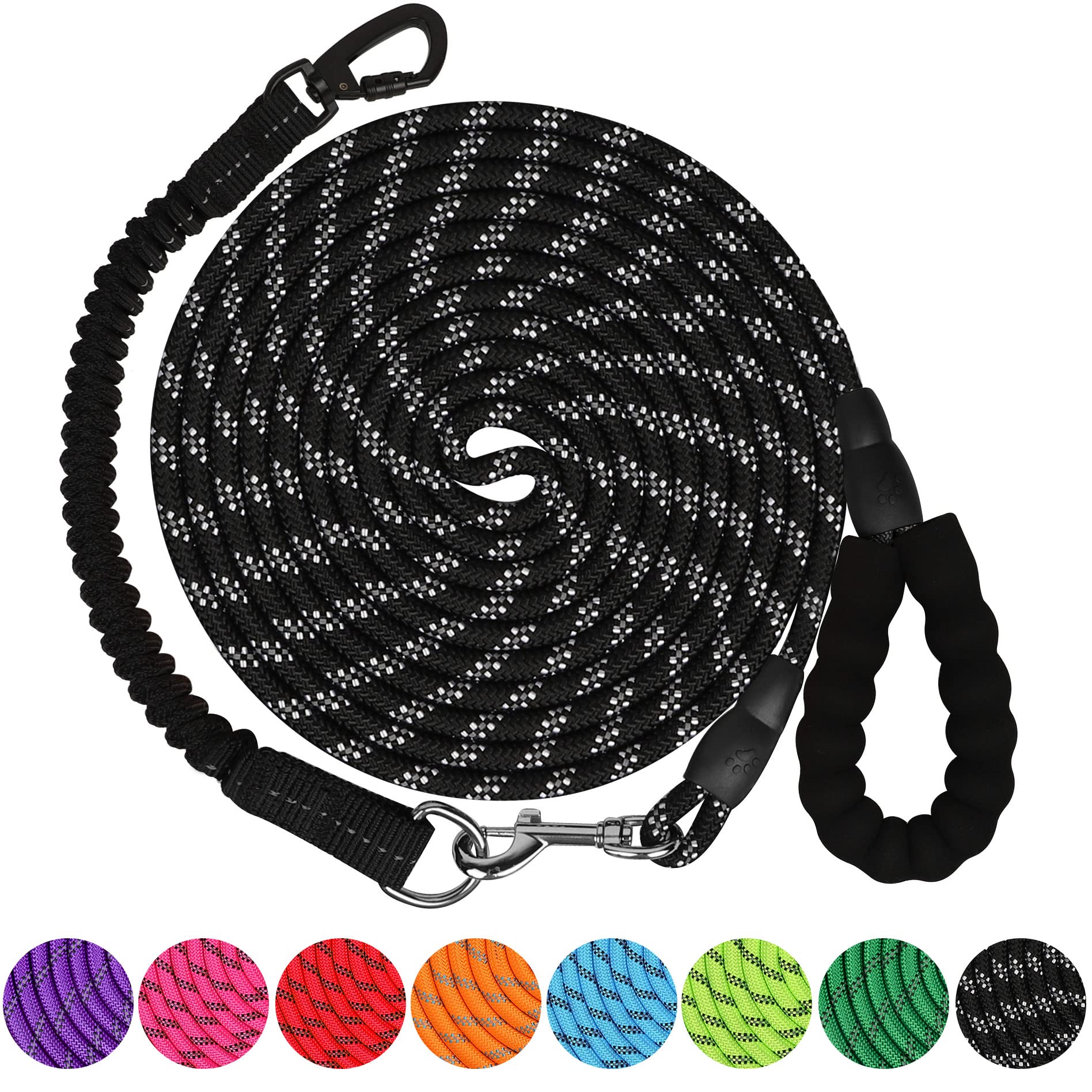 Long Dog Leash 10 FT: Heavy Duty Rope Leashes for Dogs Training with Swivel Lockable Hook Reflective Threads Bungee and Padded Handle - Dog Lead for Large Small Medium Dogs Outside Walking Hiking