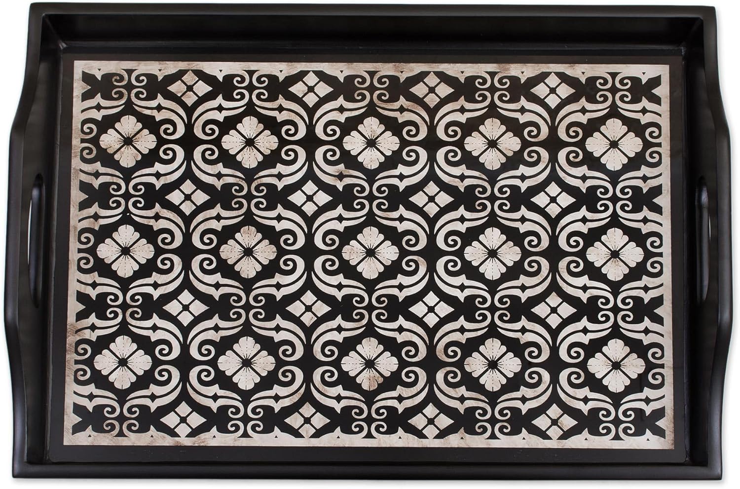NOVICA Handmade Reverse Painted Glass Tray Black Serving Glasswood Peru Tableware Serveware 'Floral Muse'(17 Inch)