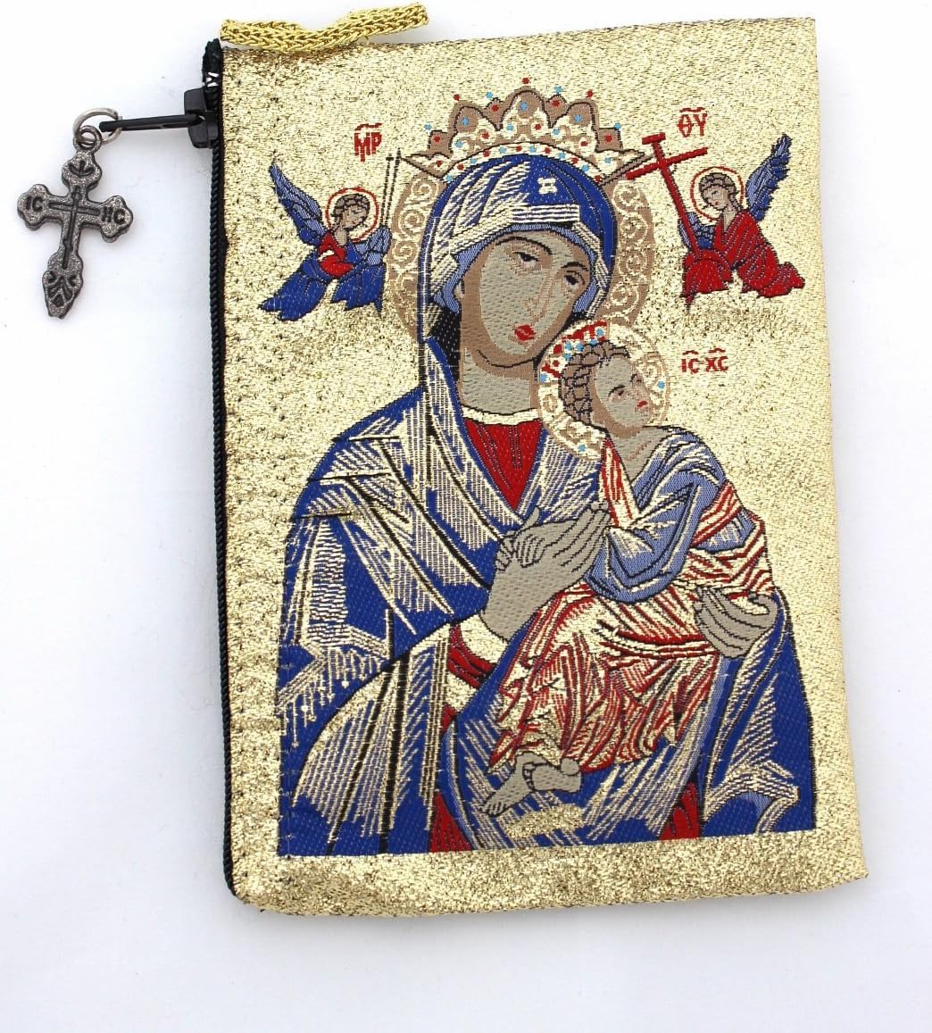 Alexandra InternationalReligious Gift Our Lady Ol of Perpetual Help with Jesus Christ The Teacher Icon Cloth Tapestry Rosary Zipper Close Pouch Keepsake Holder (BlueMary TIP8)