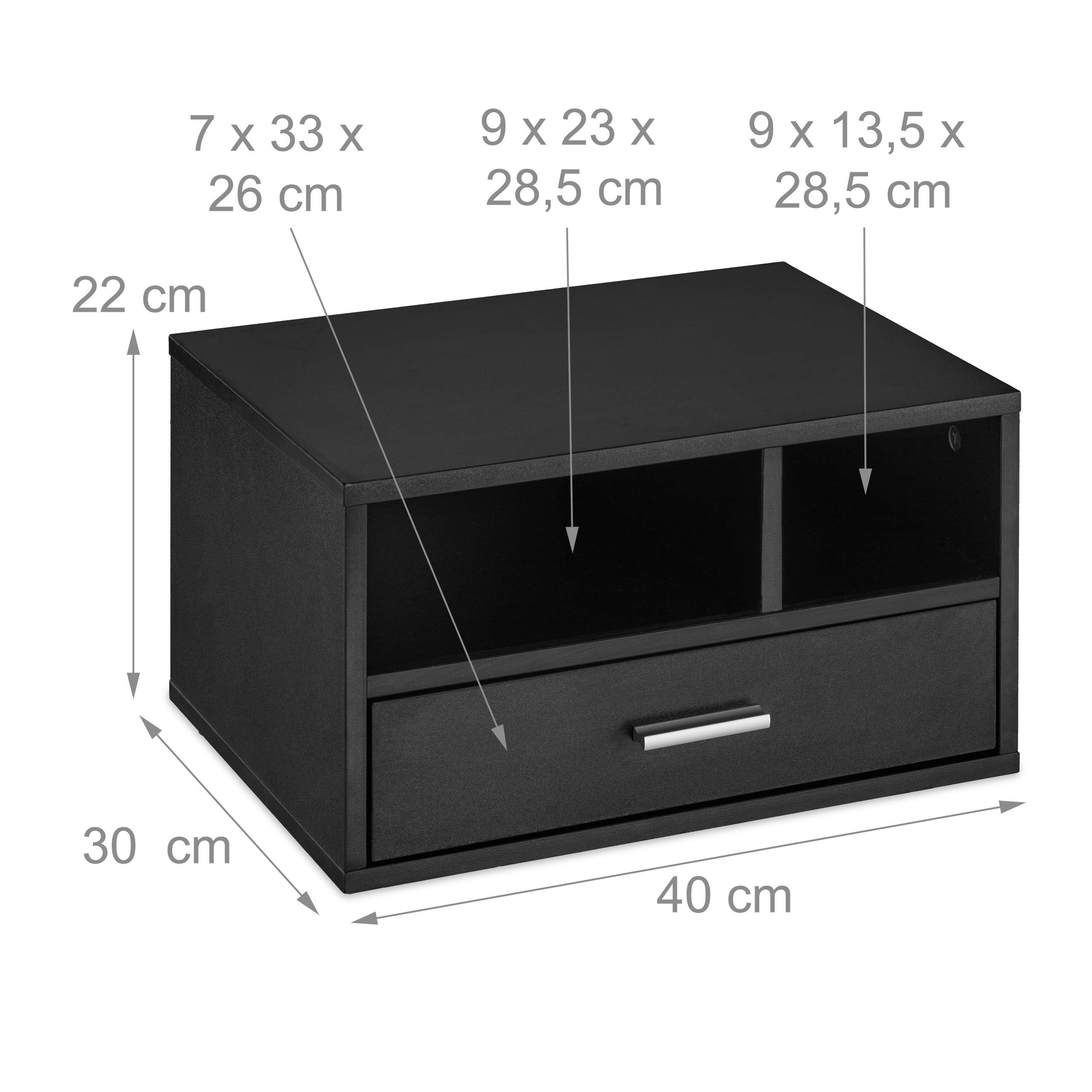 Relaxdays Porta Stampante da Scrivania, Supporto 3 Scomparti, con Cassetto, Portadocumenti, 22x40x30 cm, Organizer, Nero
