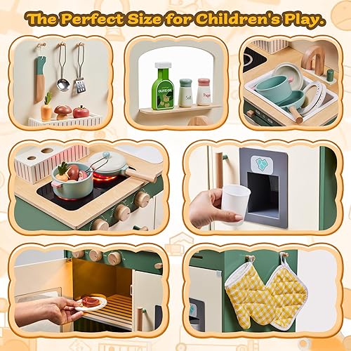 Miniatura 5 de Juego de cocina para niños pequeños con juego de alimentos de corte y luces con fregadero, estufa, microondas, juguetes de madera, regalo de cocina