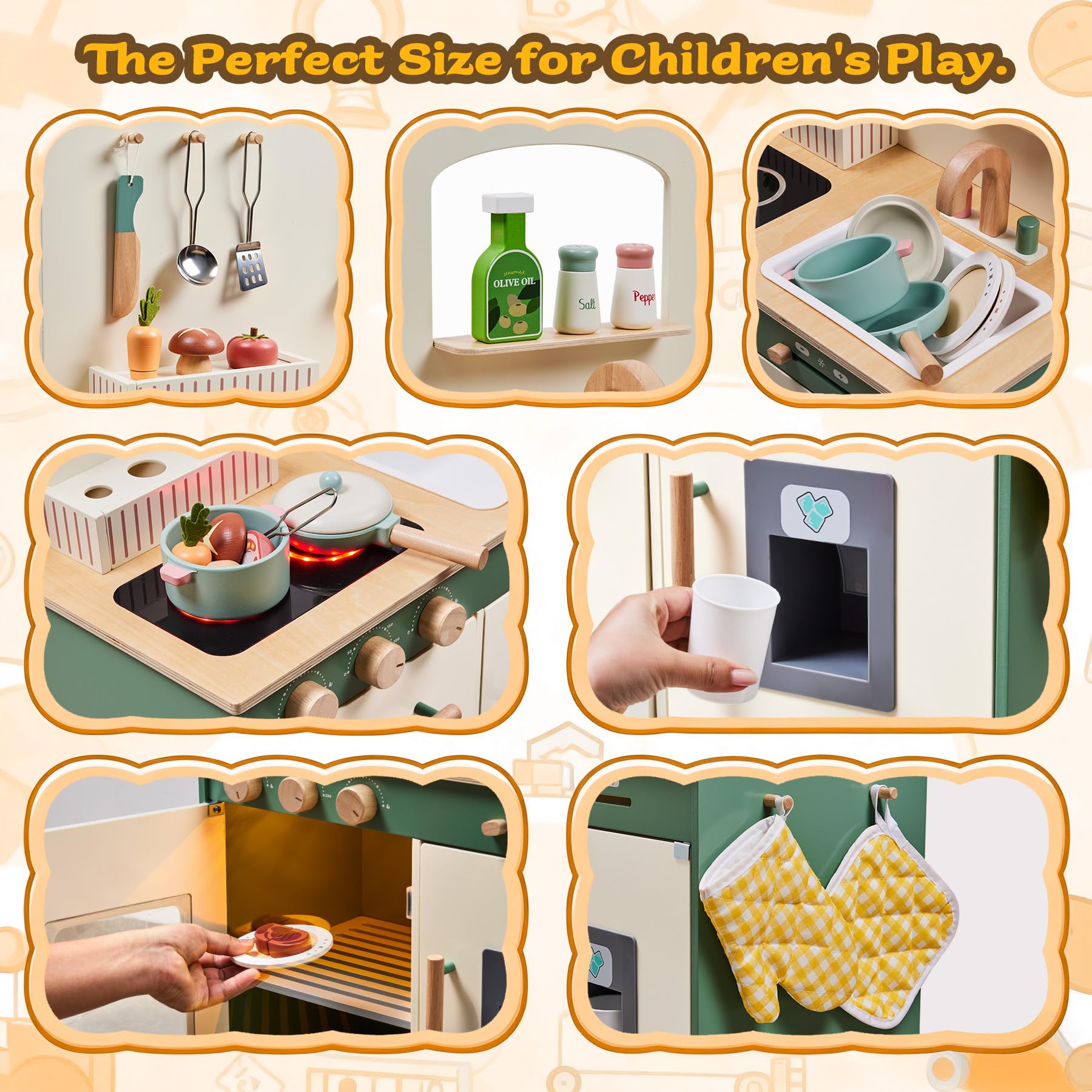 TOYWOO Kinderküche Holz mit Licht & Sound, Spielküche für Kinder ab 3 Jahren mit Schneidelebensmittel-Set, Spülbecken, Herd & Mikrowelle, Pädagogisches Rollenspielzeug Geschenk für Mädchen Jungen
