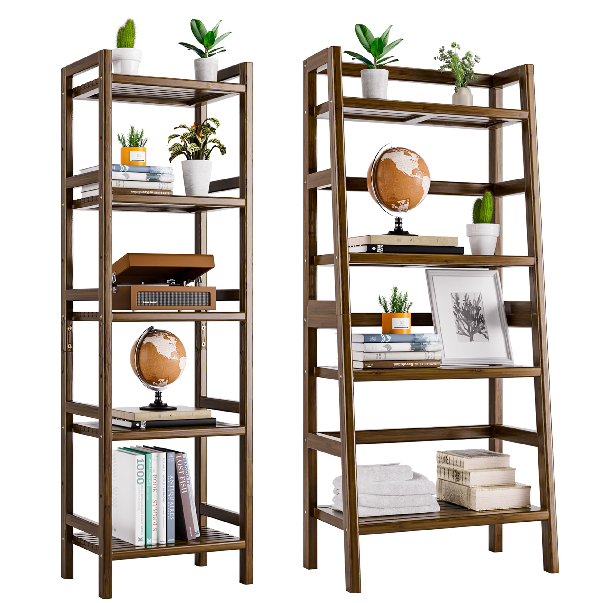 HITNET4 Tier Ladder Bookshelf and Narrow Tall Bookcase, Bamboo Freestanding Storage Shelving Unit for Living Room, Kitchen, Bathroom,
