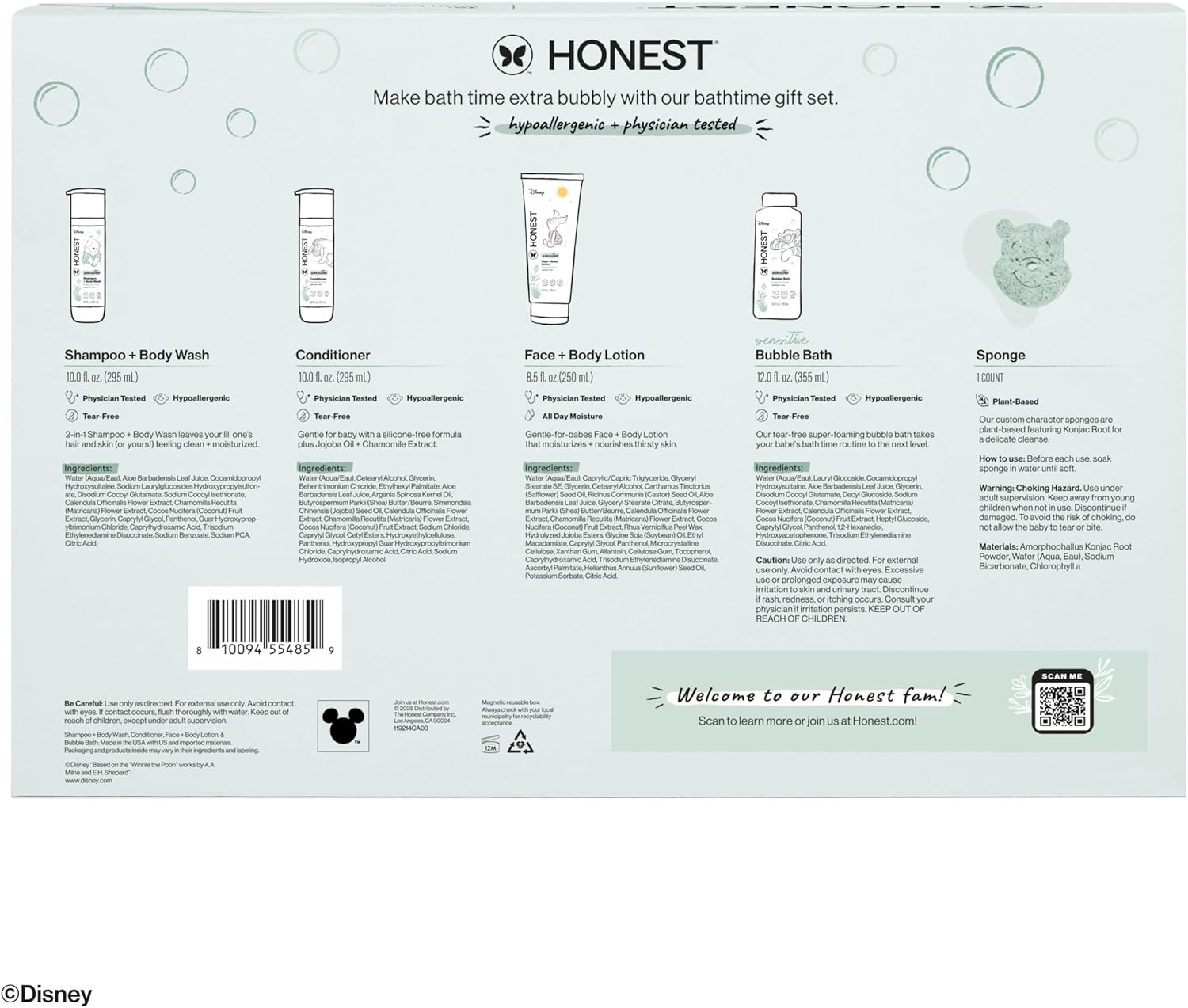 The Honest Company Fragrance-Free Bathtime Gift Set, Disney Design, Hypoallergenic, Bath Essentials for Sensitive Skin, Shampoo and Body Wash, Face Lotion, Bubble Bath, Conditioner, Sponge