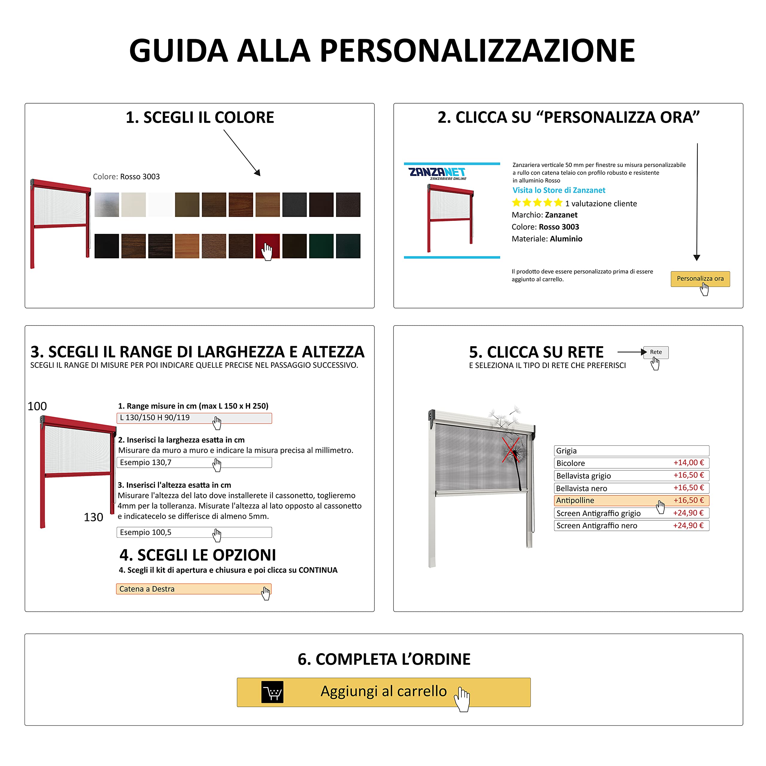 Zanzariera verticale 50 mm per finestre su misura personalizzabile a molla antivento telaio con profilo robusto e resistente in alluminio Made in Italy Noce Scuro