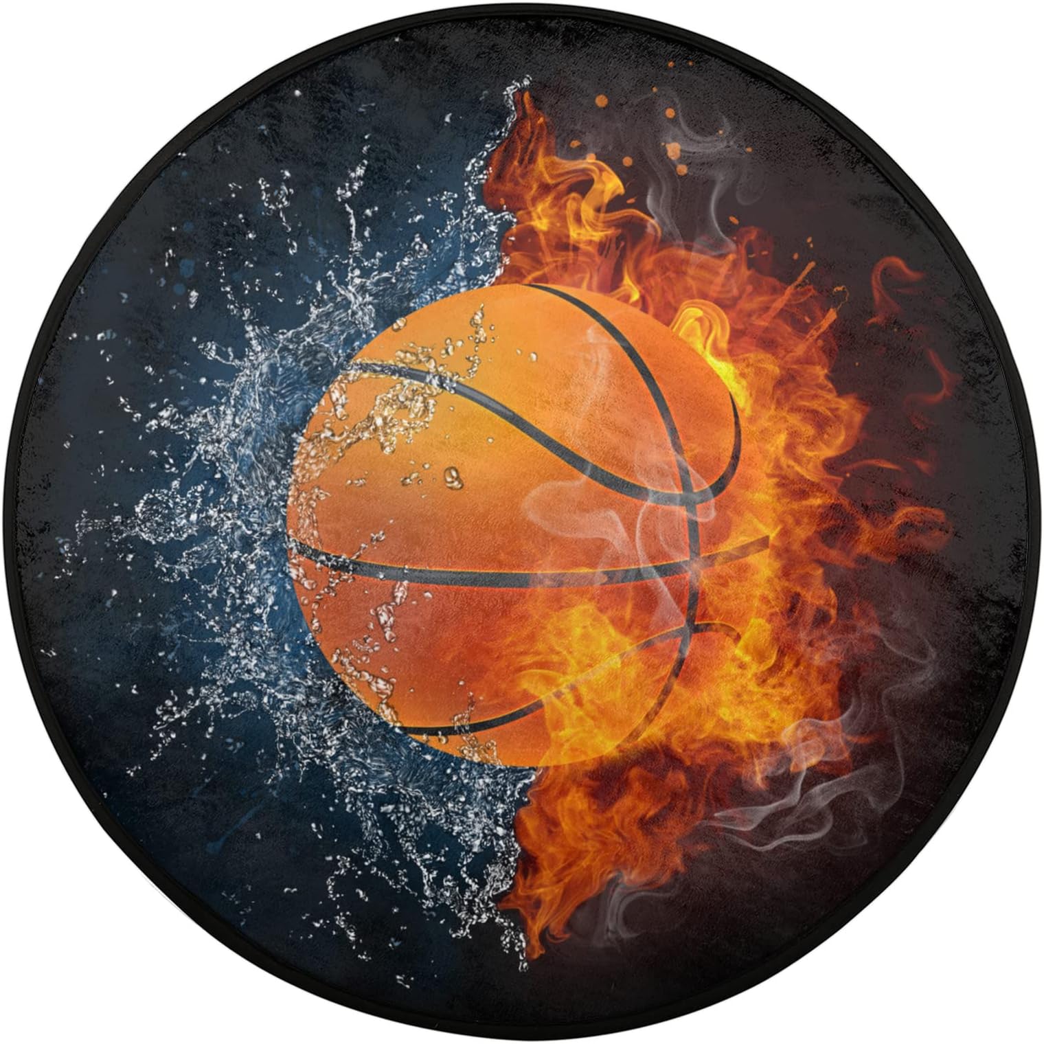 Circular Area Rugs for Bedroom, Soft Rugs for Girls Bedroom, Fire Water Basketball Round Rugs 36.2" Splat Mat for High Chair, Machine Washable Area Rug Kitchen Rugs Carpet for Bedroom