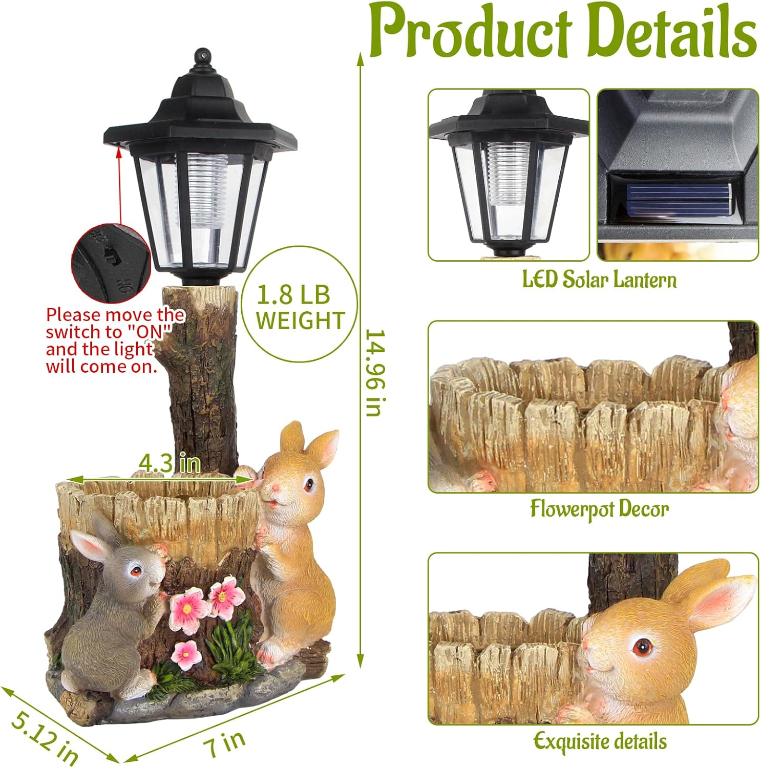 Solar Bunny Garden Stalue Outdoor, Rabbits Figurine Flowerpot Decolwith Solar Lantem for Yard Art Lawn Ornaments Porch Patio Balcony - Gardening Gifts for Women Mom - Image 3