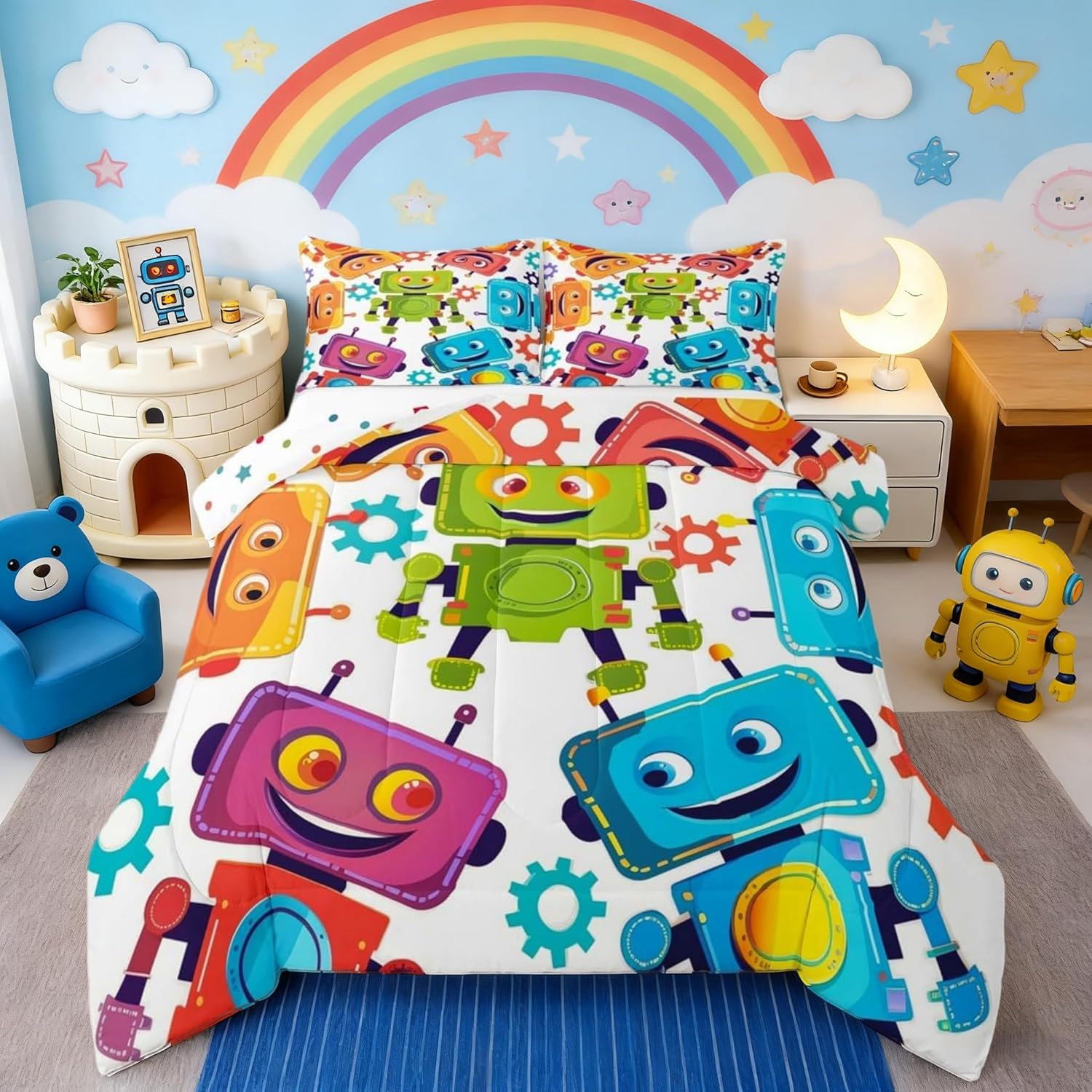 Castle Fairy Colorful Robots Comforter Set Queen Size for Kids Funny Intelligent Machine Bedding Sets All Season Cartoon Sci-Fi Robot Quilt Set Bedroom Decor Childlike Style Down Comforter,3Pcs