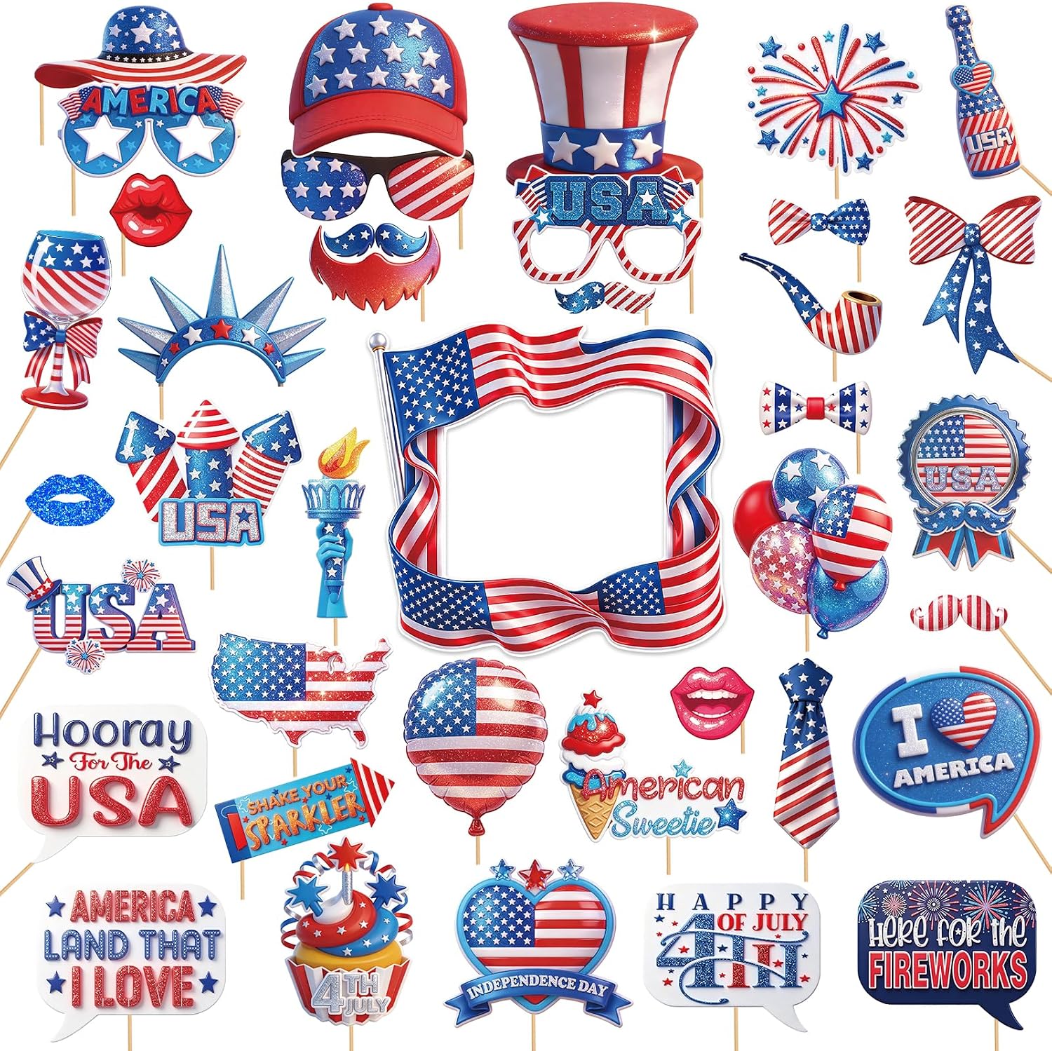 40Pcs 4th of July Decorations - Independence Day Photo Booth Props with 11x12 Jumbo Sign, Patriotic Party Supplies for Fourth of July Memorial Day Veterans Day, Selfie Props with Sticks