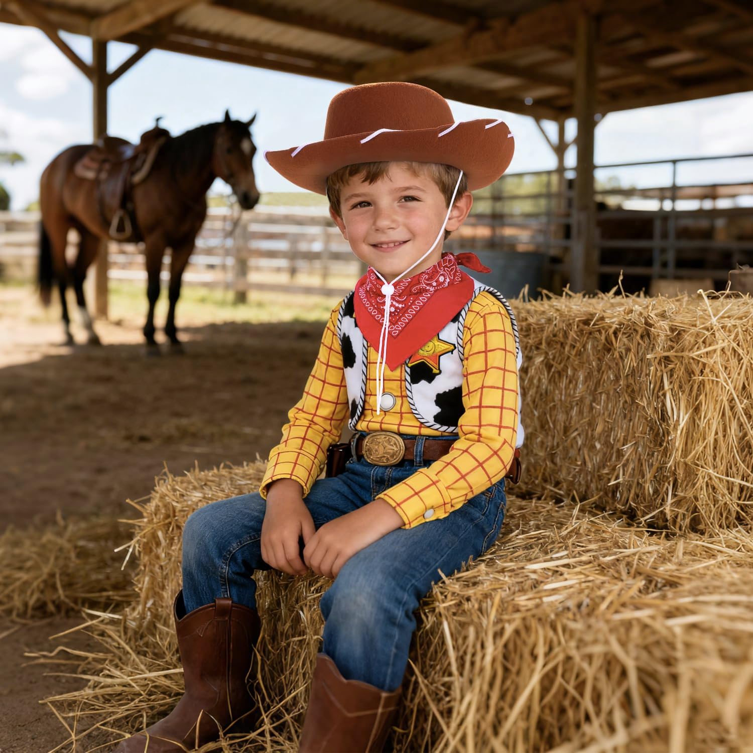 Toddler Cowboy Hat & Bandana, Felt Cowboy Hats for 3-8, Western Cowgirl Halloween Costume for Kids, Boy and Girl - Image 3