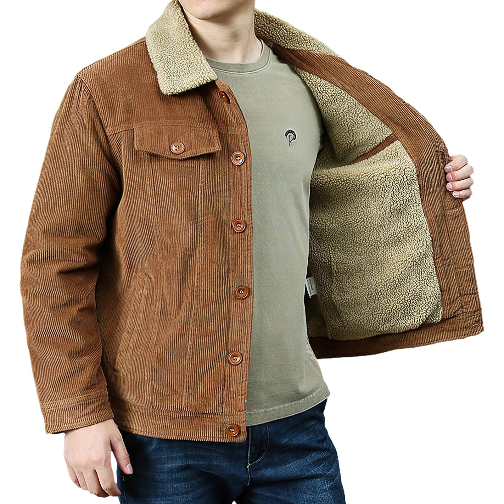 rismart Homme Veste en Velours Côtelé Doublure Sherpa Camionneur Boutonné Col à Revers L'hiver Chaud Manteau