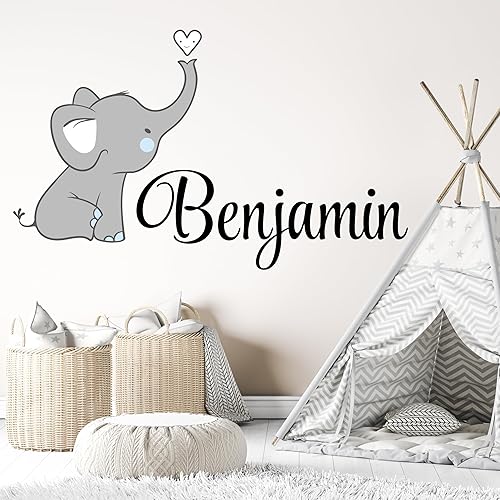 Calcomanía de pared personalizada con nombre de elefante para niños, calcomanías de pared de elefante para guardería, calcomanías personalizadas