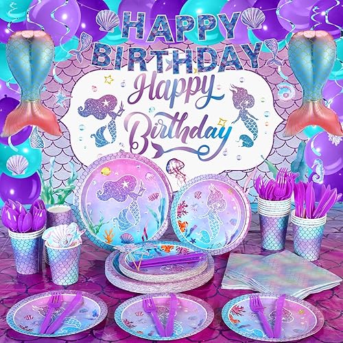 Ctosree 220 piezas de decoración de cumpleaños de sirena, kit de suministros para fiesta de sirena, incluye globos, telón de fondo, pancartas,