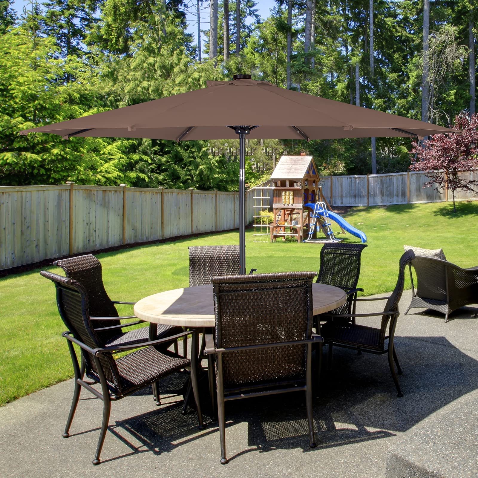 GIANTEX Parasol de Jardin Extérieur 3M, Parasol Inclinable avec 24 Éclairage Solaire LED, 8 Baleines en Métal, Protection UV, pour Terrasse, Jardin, Balcon (Café)
