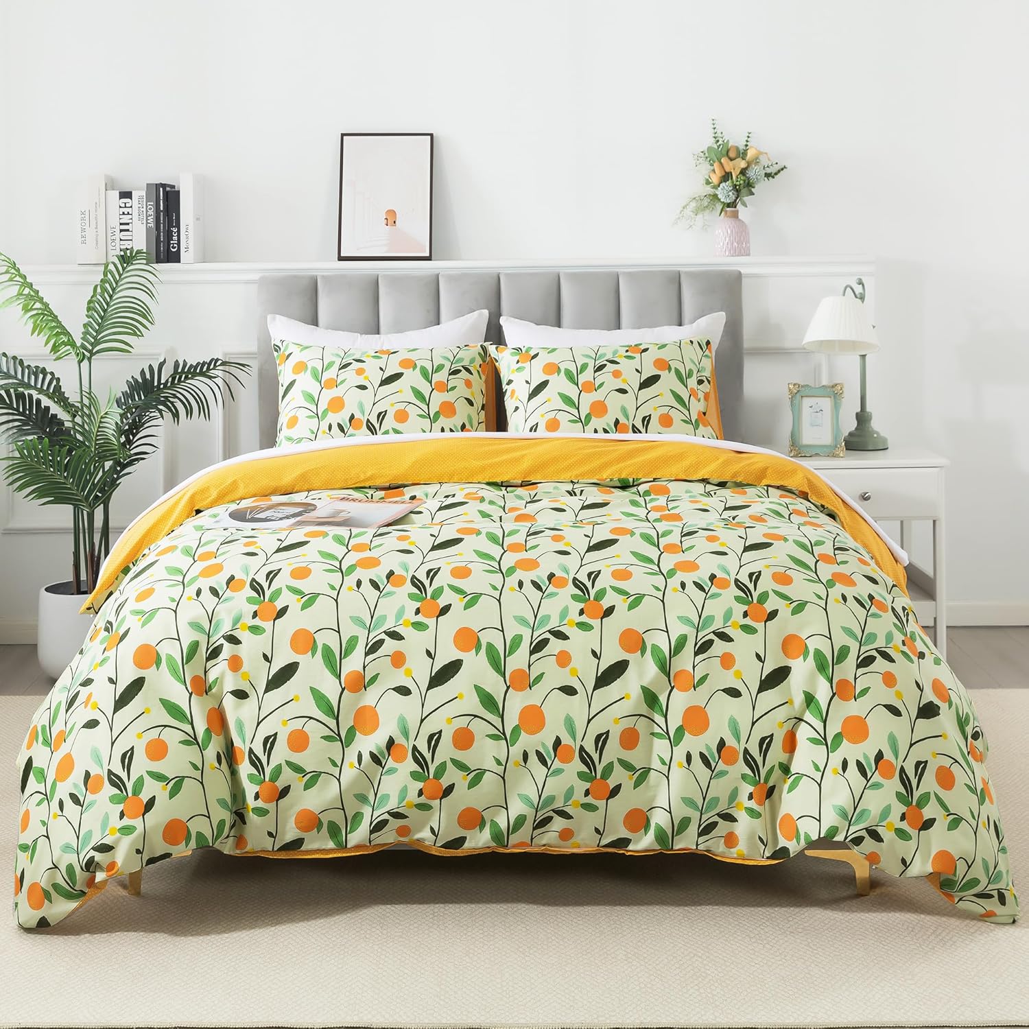HoneiLife Floral Duvet Cover King - 100% Cotton Comforter Cover, Botanical Bedding Duvet Cover Sets with Zipper Closure & Corner Ties, 3-PC Wildflower Comforter Cover Sets, Fruit
