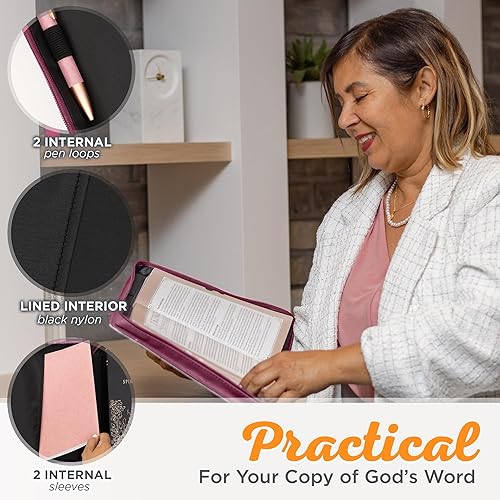 Miniatura 4 de Christian Art Gifts Funda para Biblia de moda rosa ciruela para mujer Be Strong & Courageous - Joshua 19 Escritura inspiradora, funda de cuero