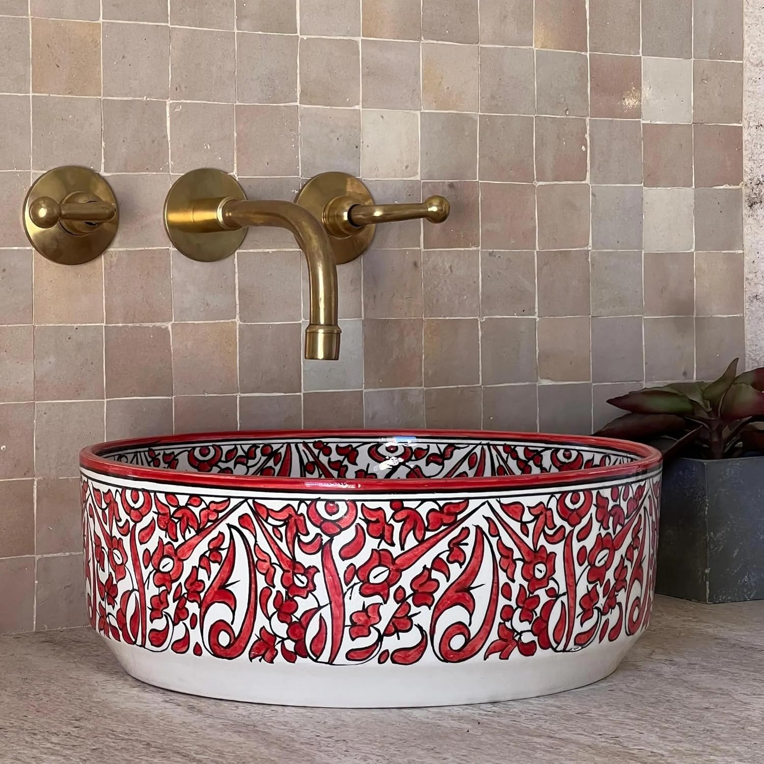 Handmade Countertop Ceramic Wash basin Sink, Floral Kitchen Bowl, Hand Painted Above Counter Vanity Vessel Sink, Farmhouse Bathroom Ceramic Basin, Sink for Cabinet Lavatory (14"= 35cm)