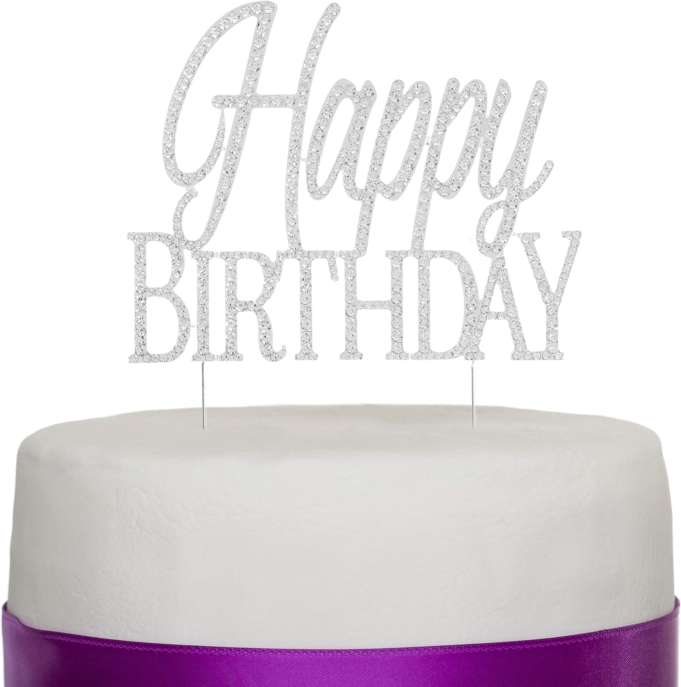 Ella Celebration Happy Birthday Cake Topper, Silver Birthday Party Decorations, Metal Rhinestone Toppers (Silver)