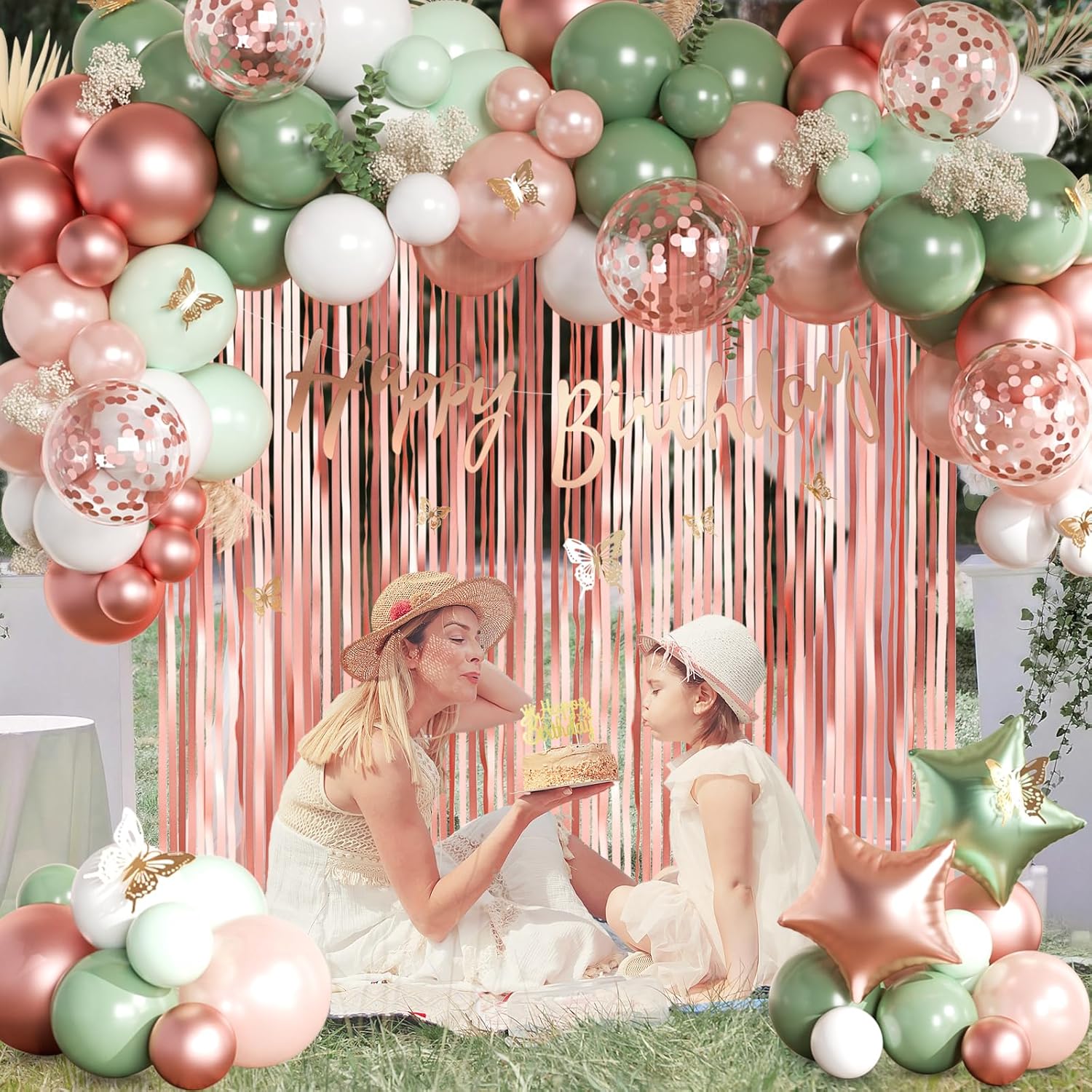 Sage Green and Rose Gold Birthday Party Decorations with Happy Birthday Banner, Green White Rose Gold Foil Balloons, Sash, Fringe Curtain, Cake Topper, Butterfly for Women Girls Party Supplies - Image 6