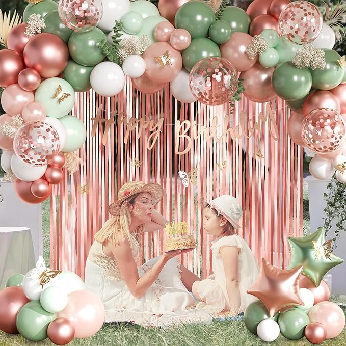 Kit Decoración Fiesta Verde Salvia y Oro Rosa con Globos y C miniatura 6